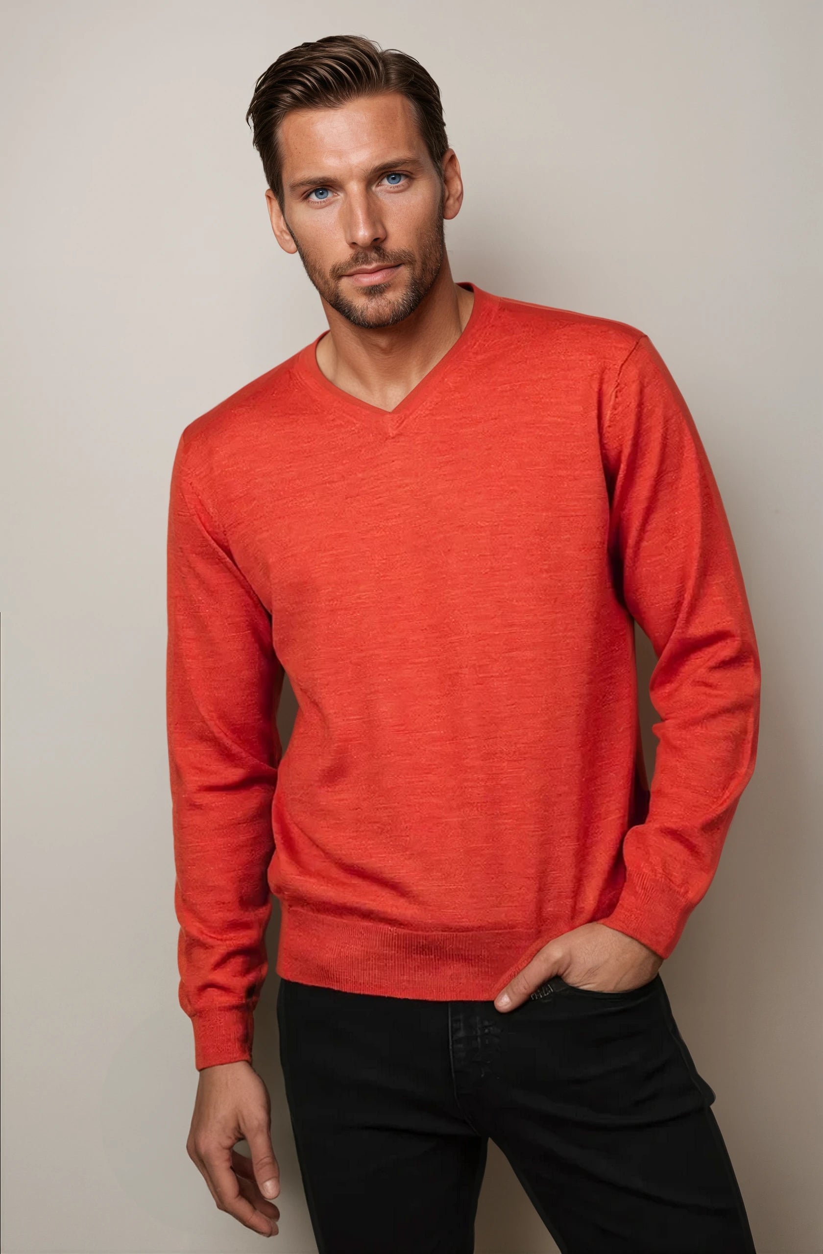 Amber Orange Fine Weight Merino Wool V Neck Sweaters Australia