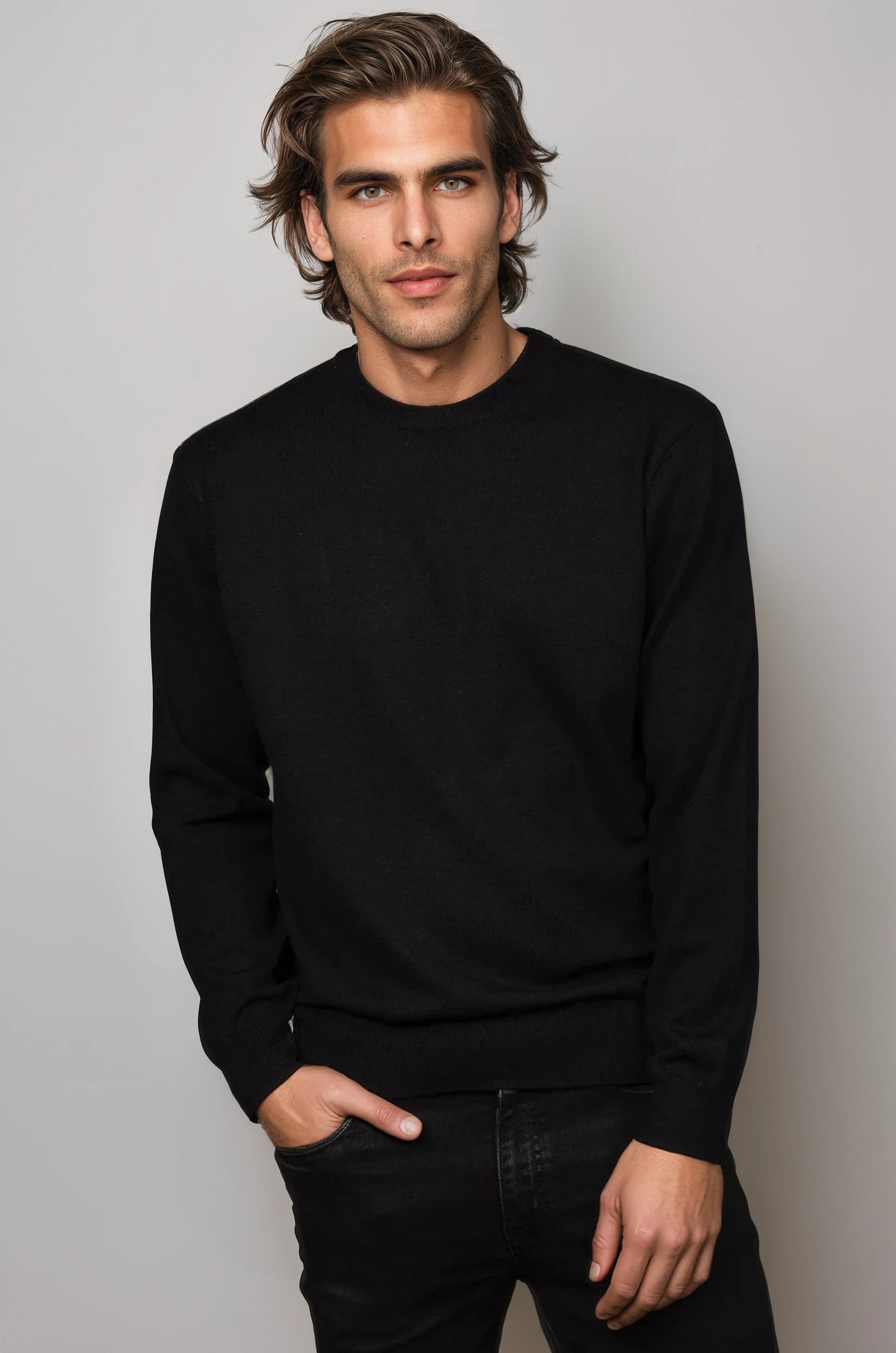 Black Fine Weight Merino Wool Crew Neck Shop Now