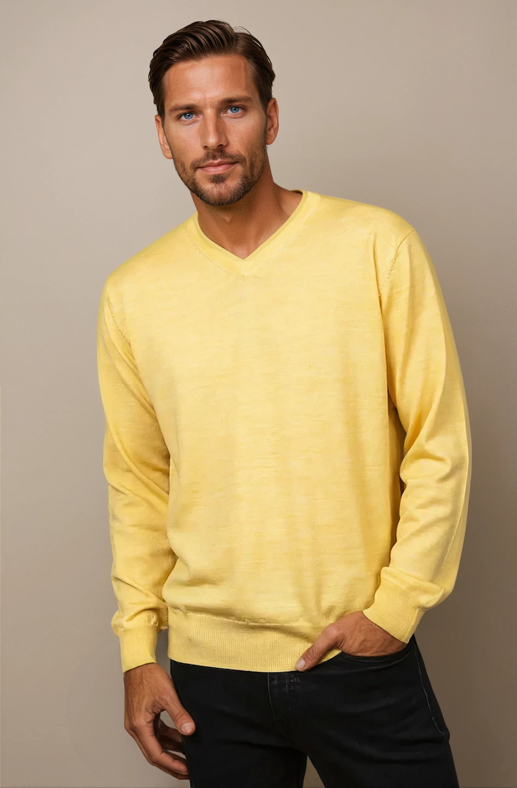 V Neck Jumper Merino Wool Sweater Mens For Sale Ansett Yellow Fine