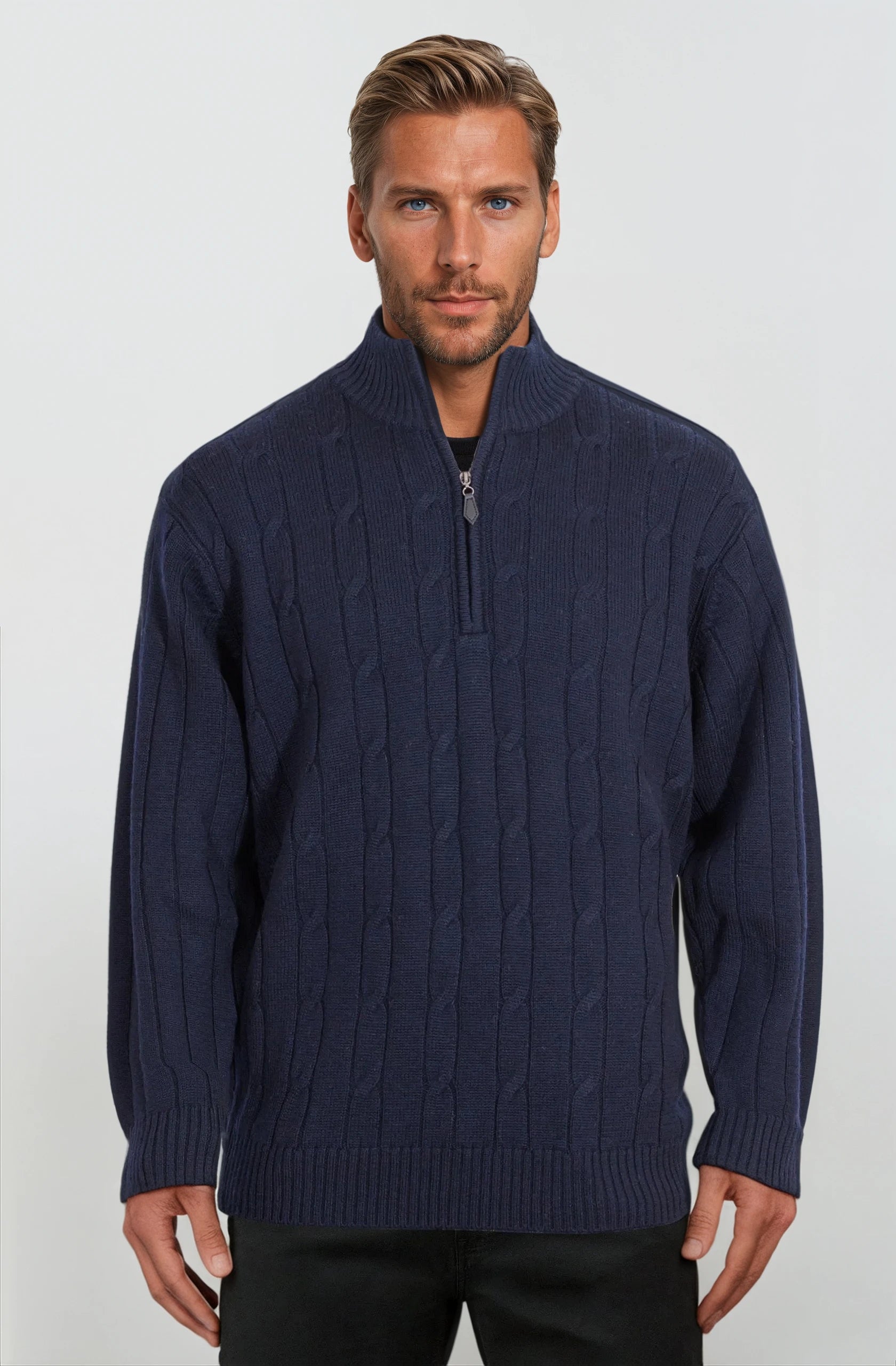 Wool Sweater Men's Knitwear Australia Navy Half Zip Cable