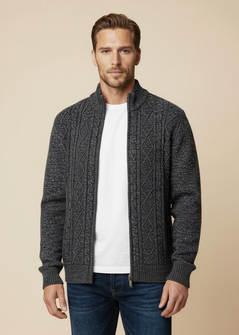 Shale Grey Patterned Pure Wool Full Zip Cardigan