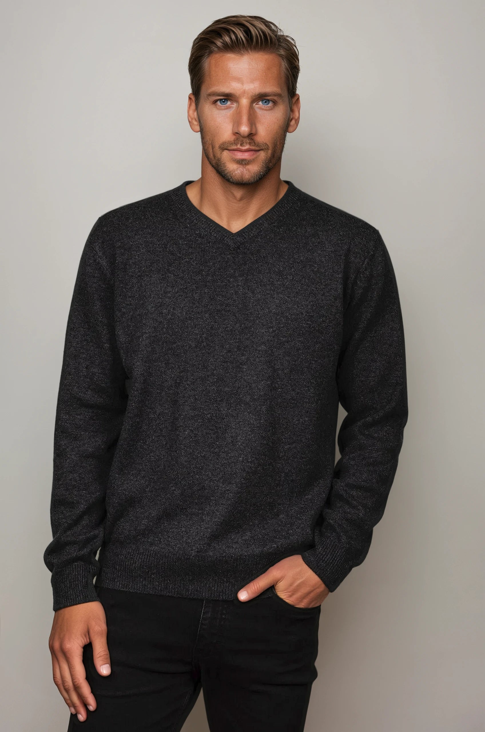 Ansett Charcoal Grey Cashmere Merino Wool V Neck Jumper