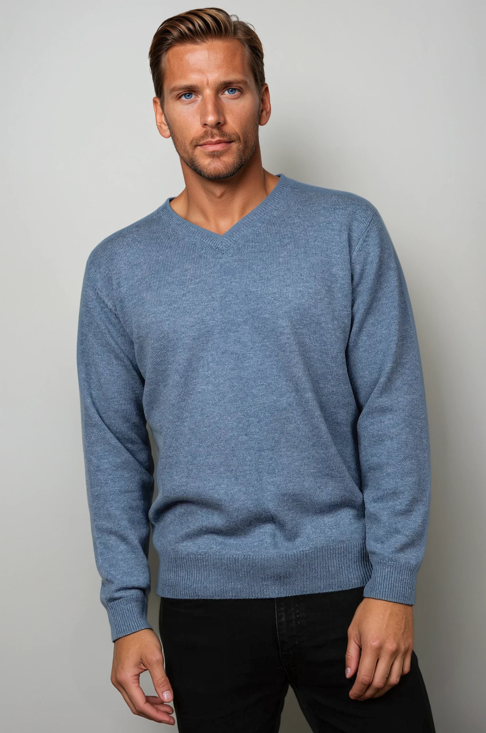 Light Blue Cashmere Merino Wool V Neck Jumper for men