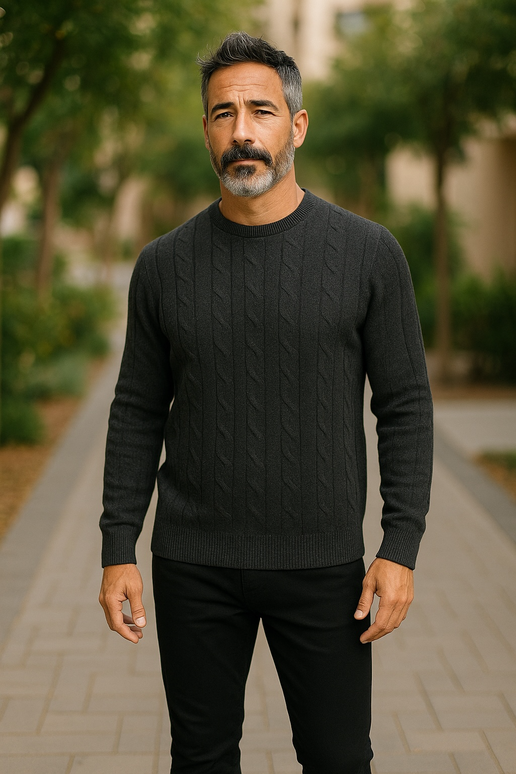 Charcoal Cashmere Merino Cable Knit Crew Neck Jumper Sweaters