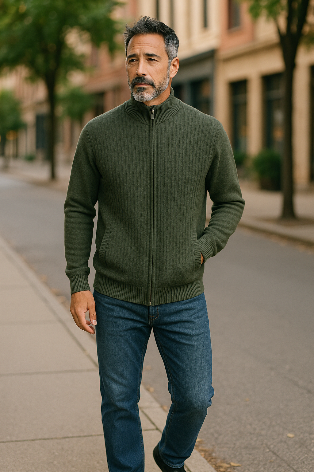 Fine Merino Wool Textured Zip Cardigan - Olive Green