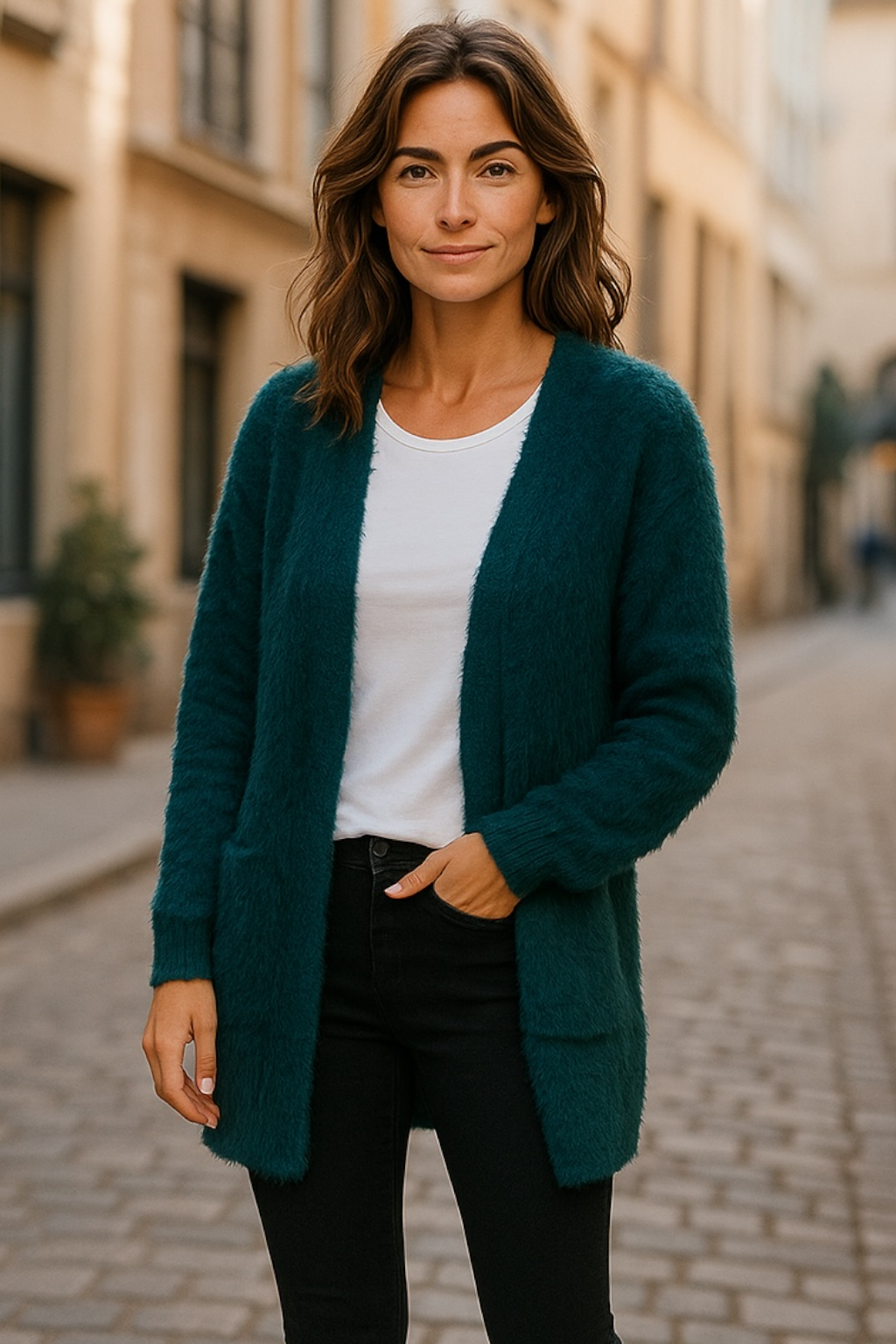 teal green duster sweater