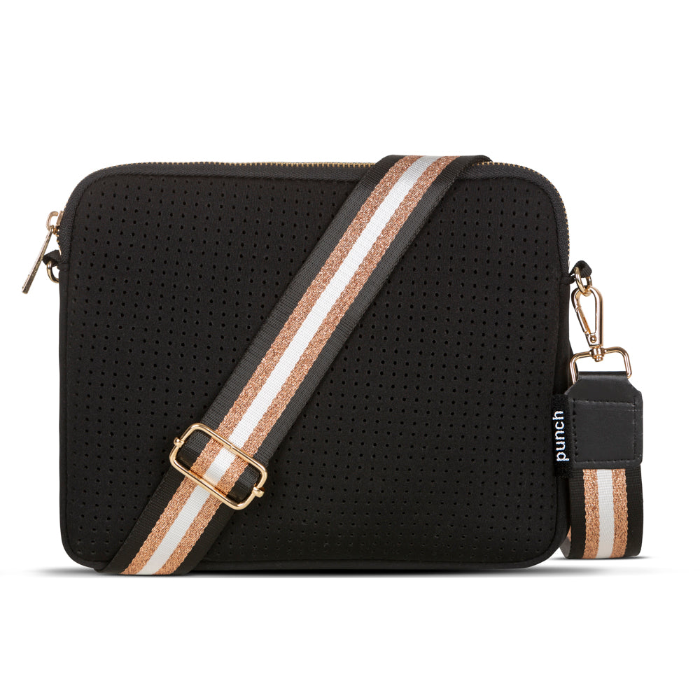 Dallas Hill Crossbody Designer Neoprene Bags Black And Gold Flat