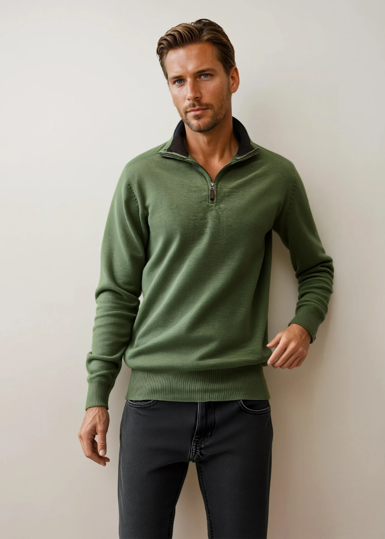 Ansett Moss Green Half Zip Cashmere Merino Wool Jumper