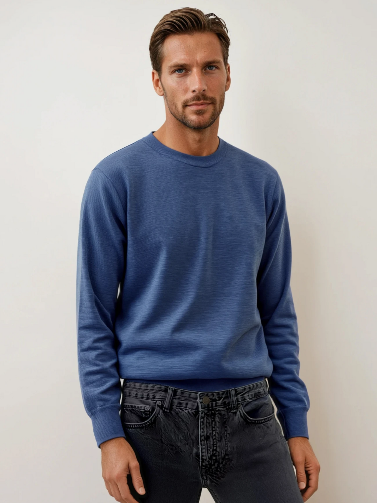 Ansett Wool Denim Blue Machine Washable Crew Neck Jumper