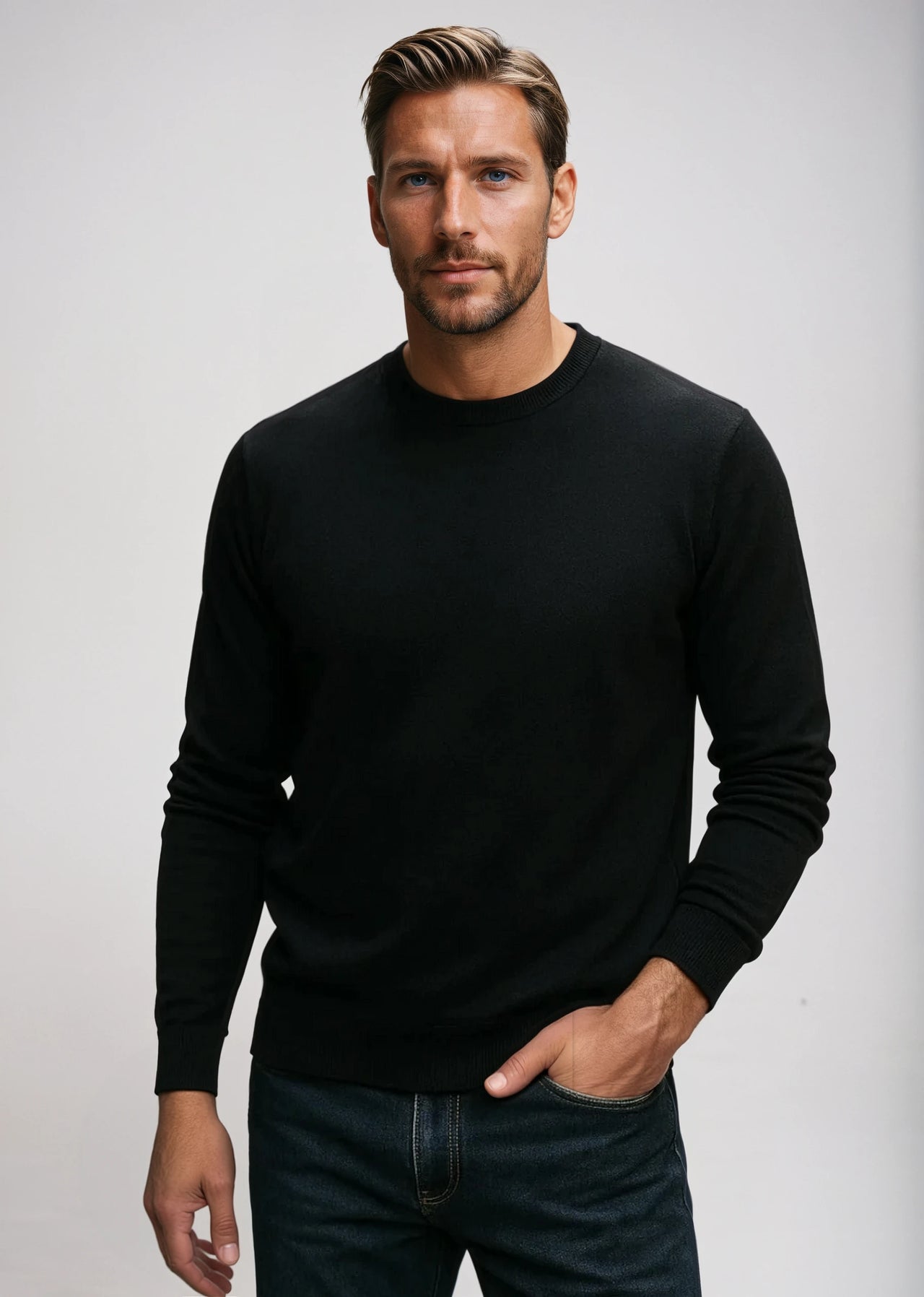Ansett Black Super Wash Wool Crew Neck Jumper