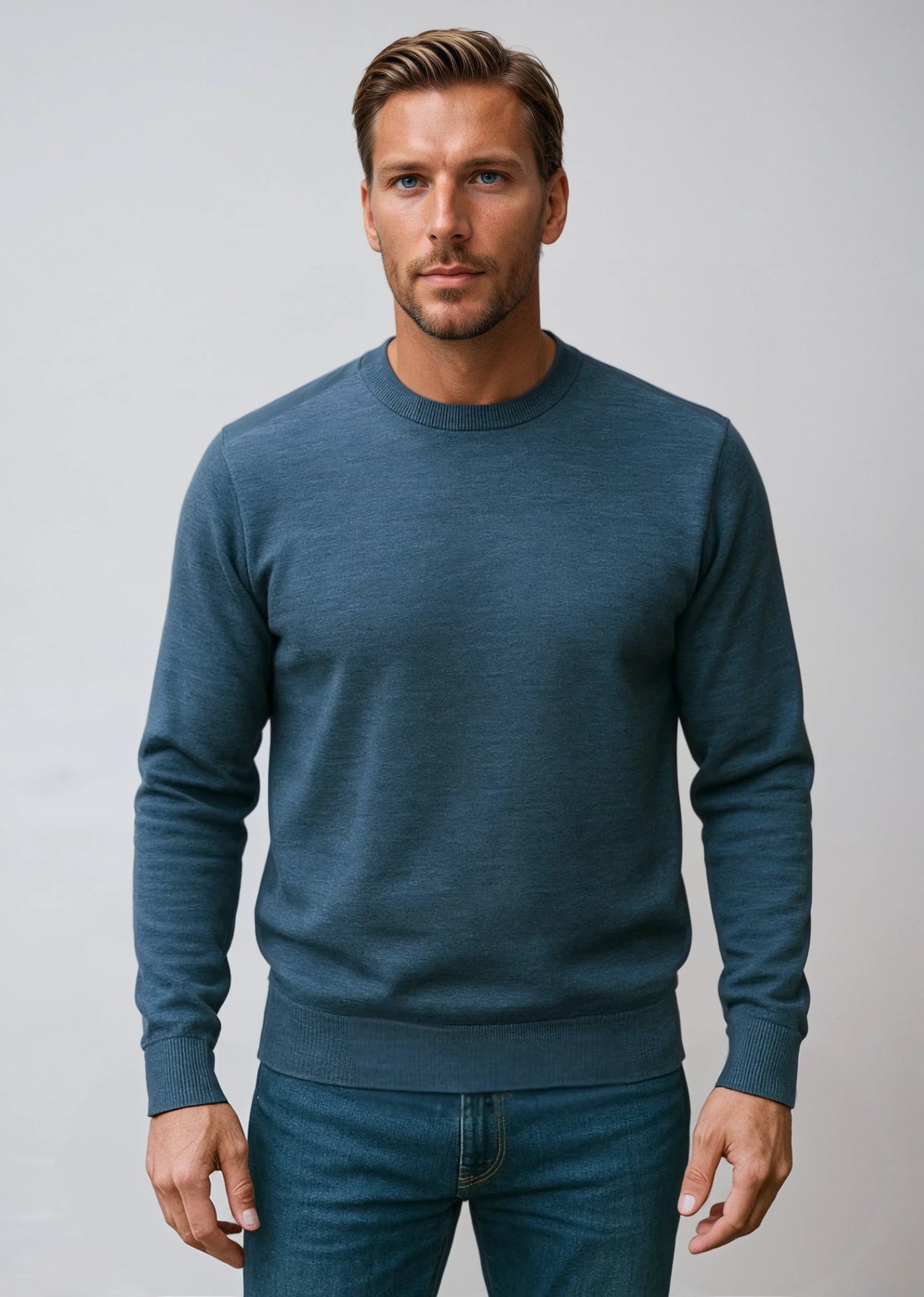 Ansett Denim Blue Super Wash Wool Crew Neck Jumper