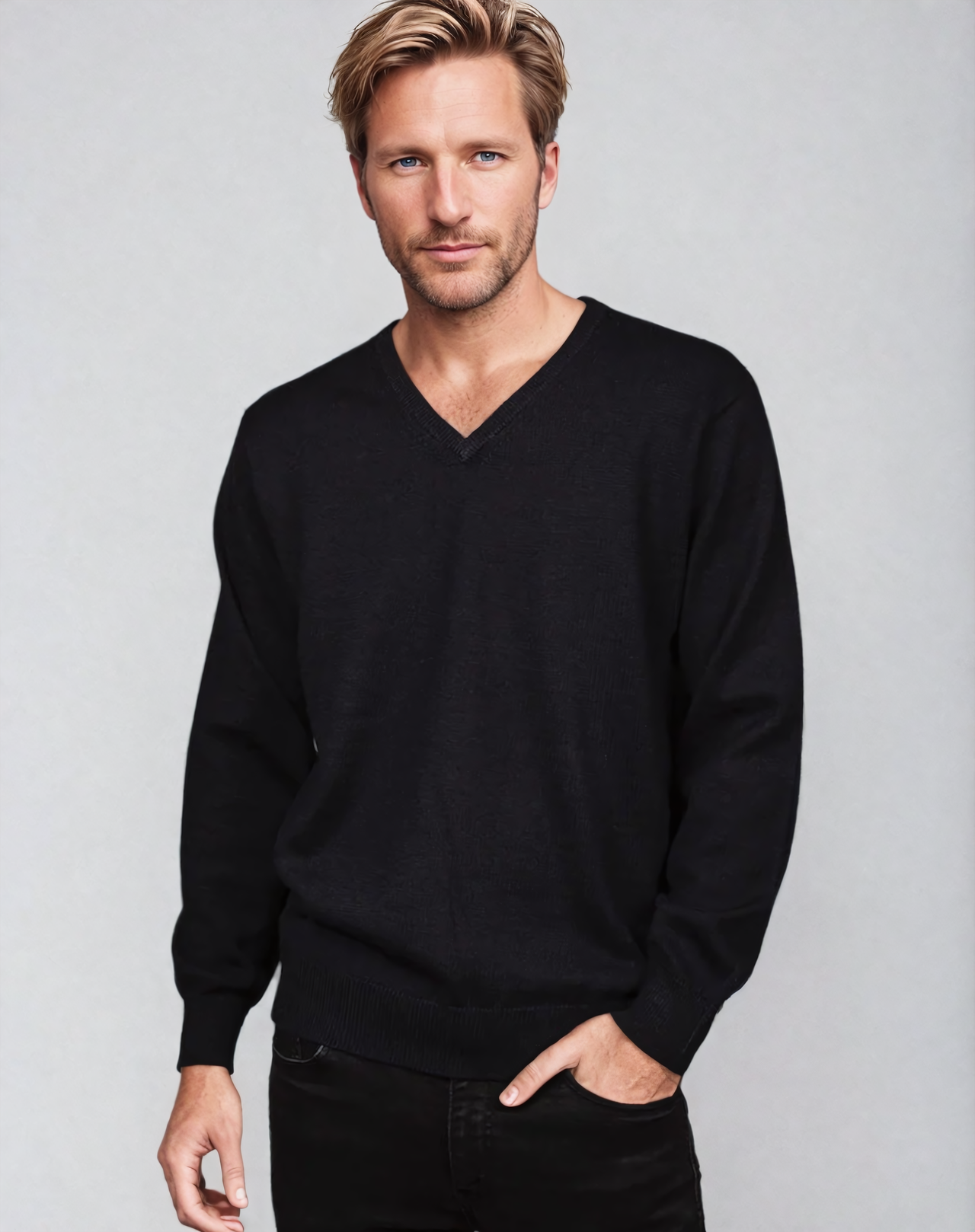 Ansett Black Super Wash Wool V Neck Jumper