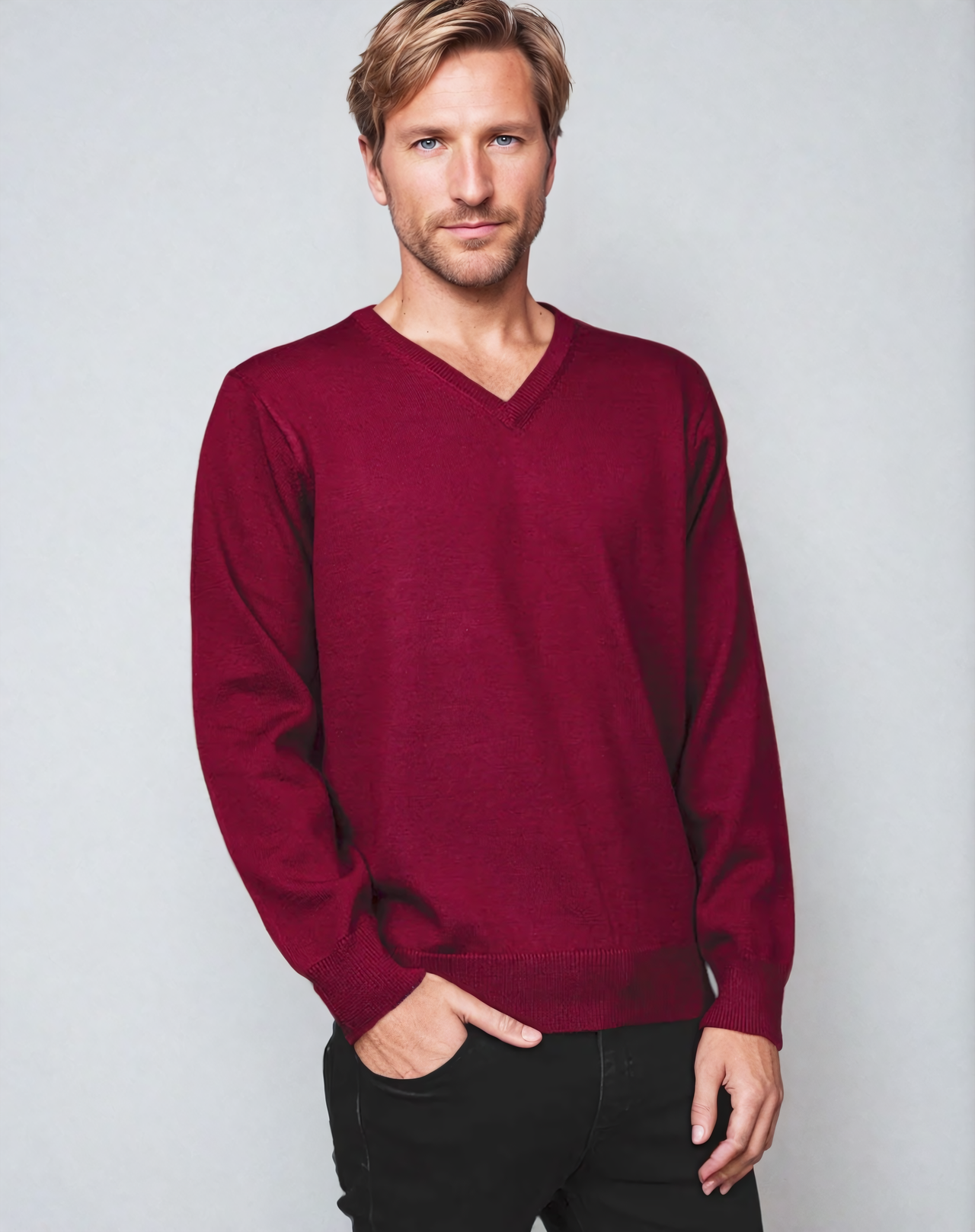 Ansett Burgundy Super Wash Wool V Neck Jumper