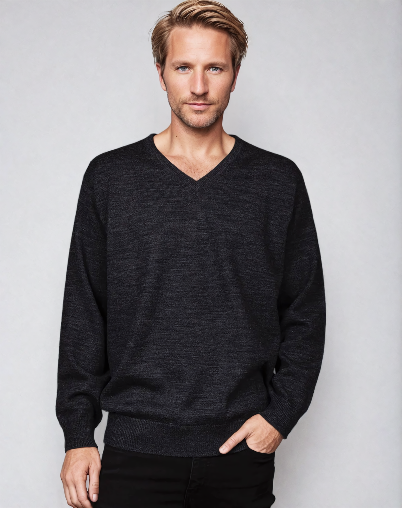 Ansett Charcoal Grey Super Wash Wool V Neck Jumper