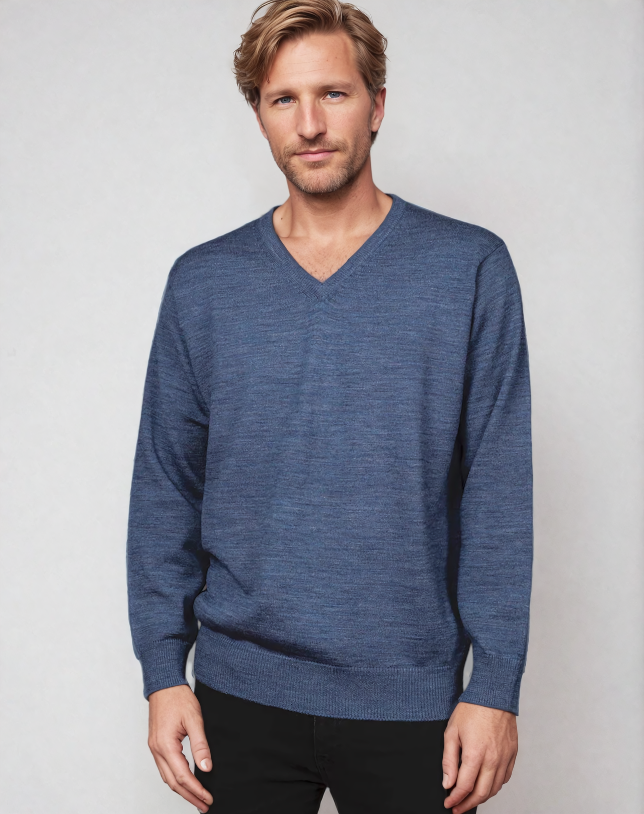 Ansett Denim Blue Super Wash Wool V Neck Jumper