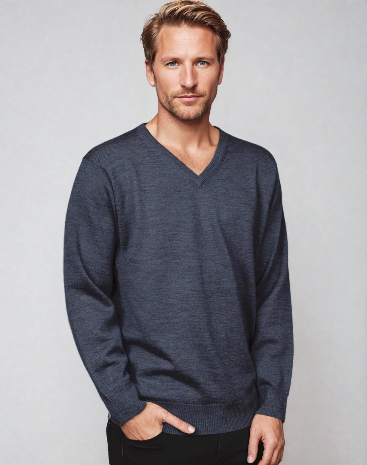 Ansett Wool Slate Blue Machine Washable V Neck Jumper