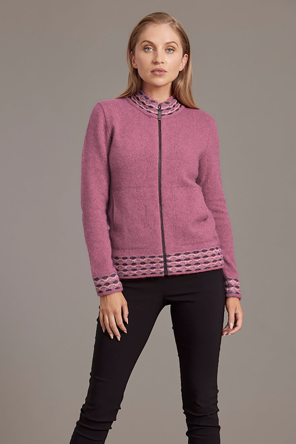 Heather Possum Merino Wave Trim Zip Cardigan