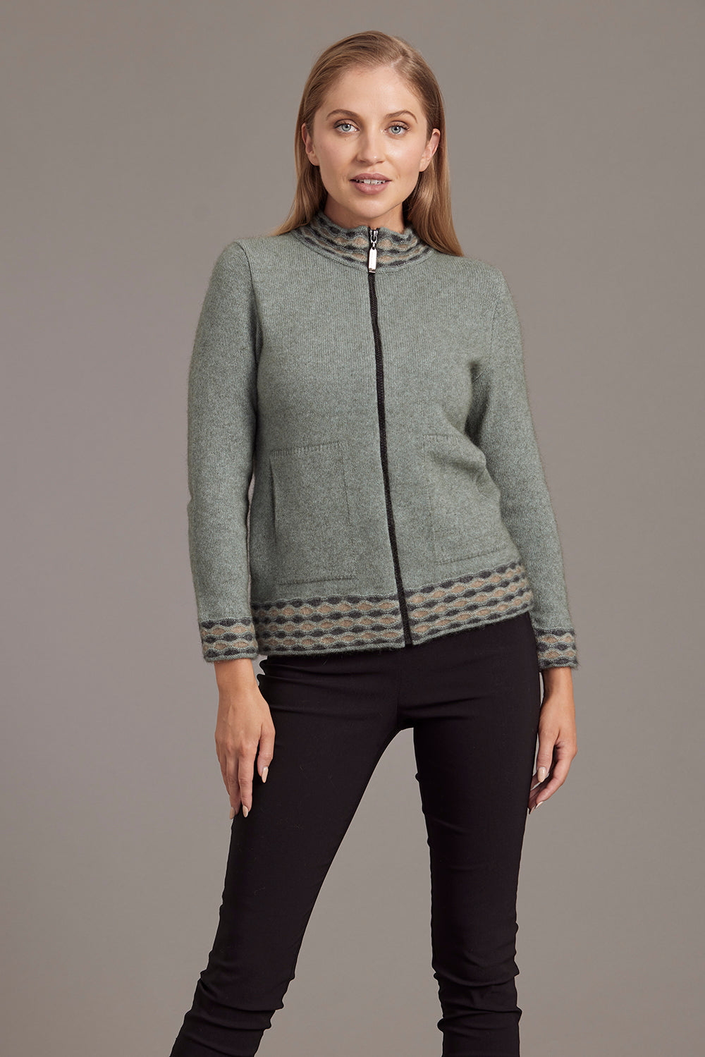 Mint Possum Merino Wave Trim Zip Cardigan