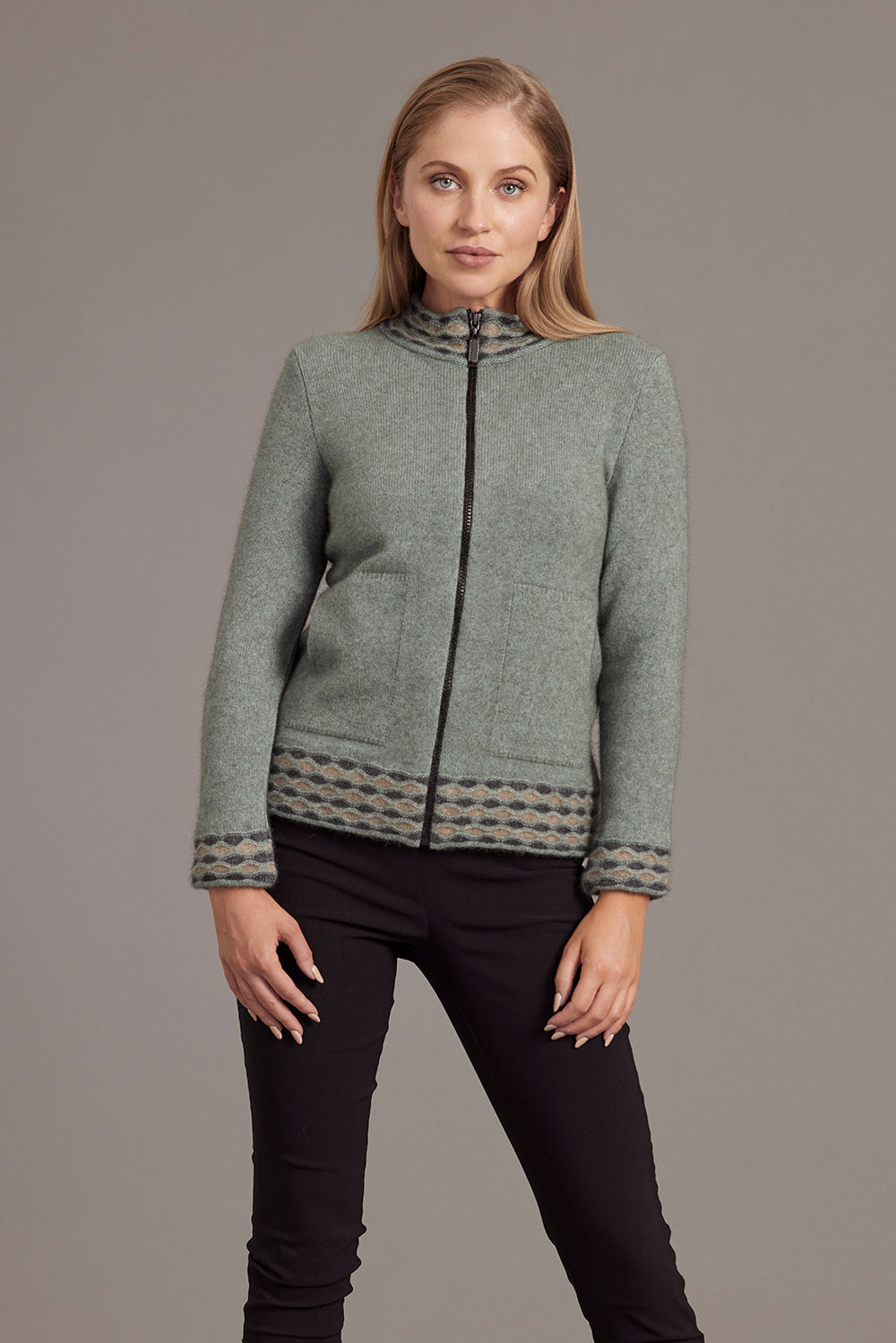 Mint Possum Merino Wave Trim Zip Cardigan