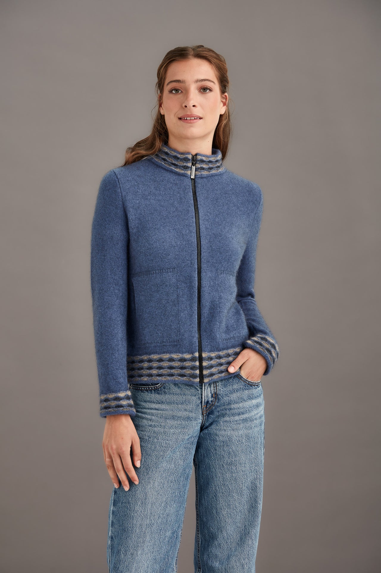 Orchid Possum Merino Wave Trim Zip Cardigan