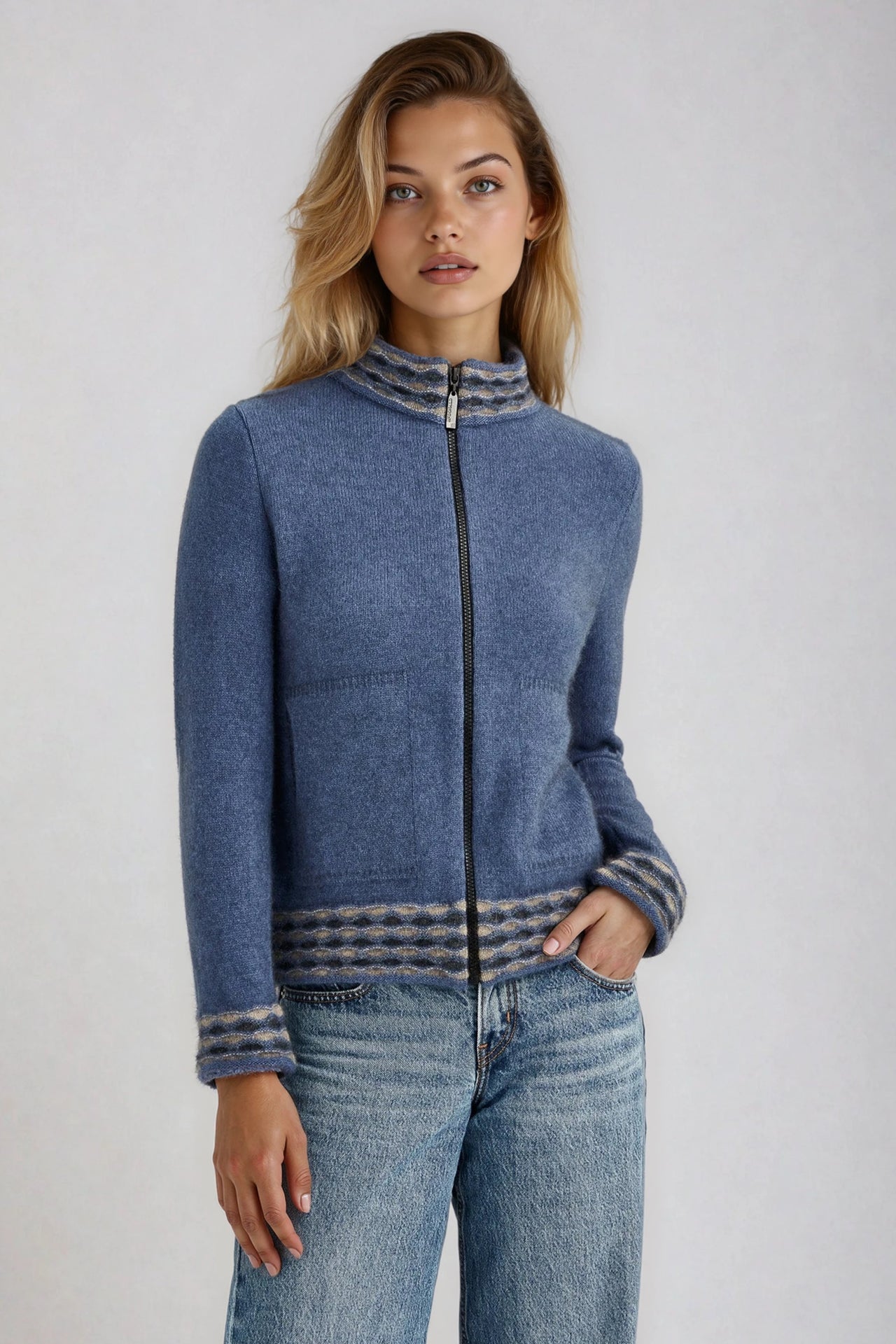 Orchid Possum Merino Wave Trim Zip Cardigan