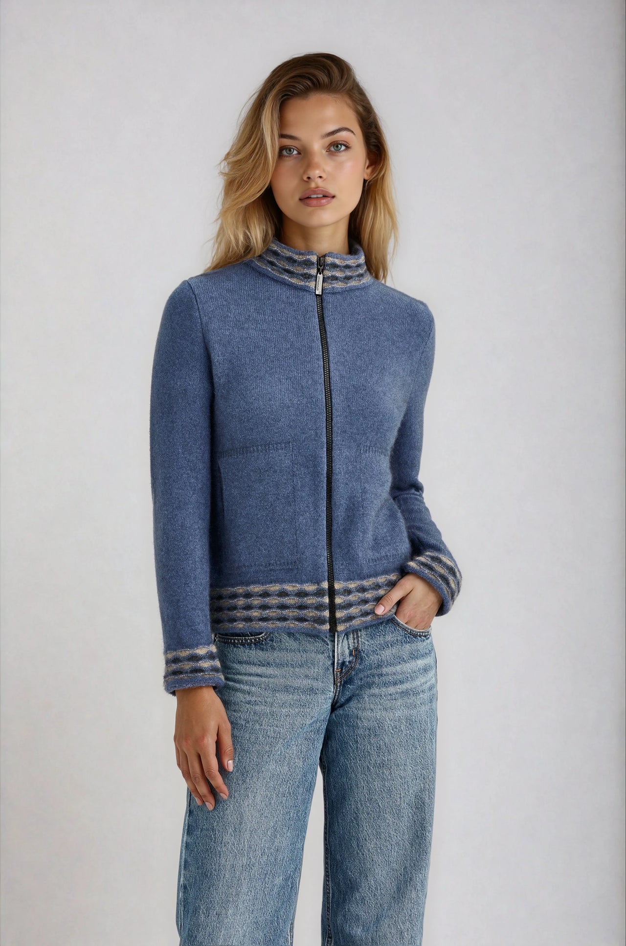 Orchid Possum Merino Wave Trim Zip Cardigan