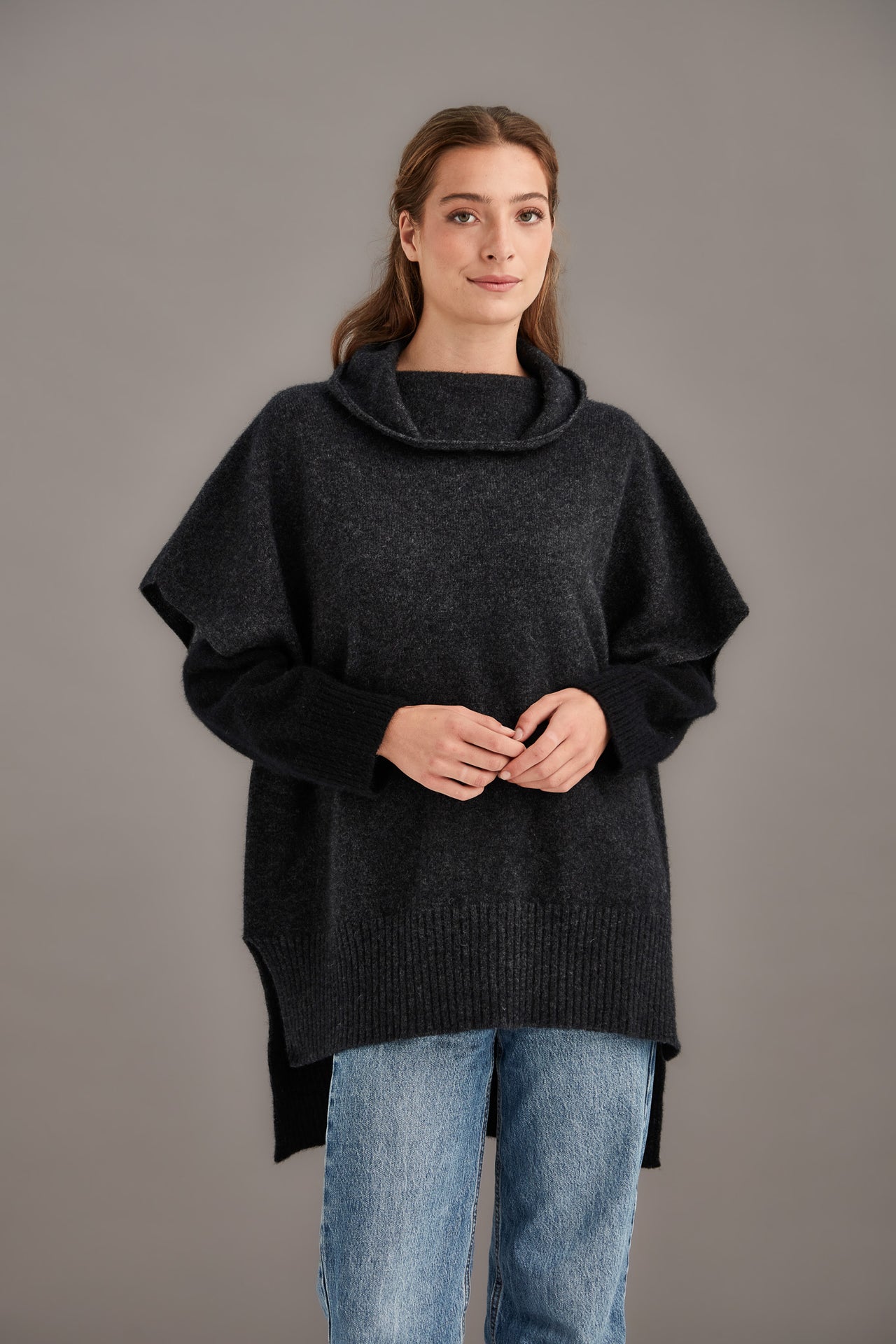 Charcoal McDonald Possum Merino Step Hem Poncho