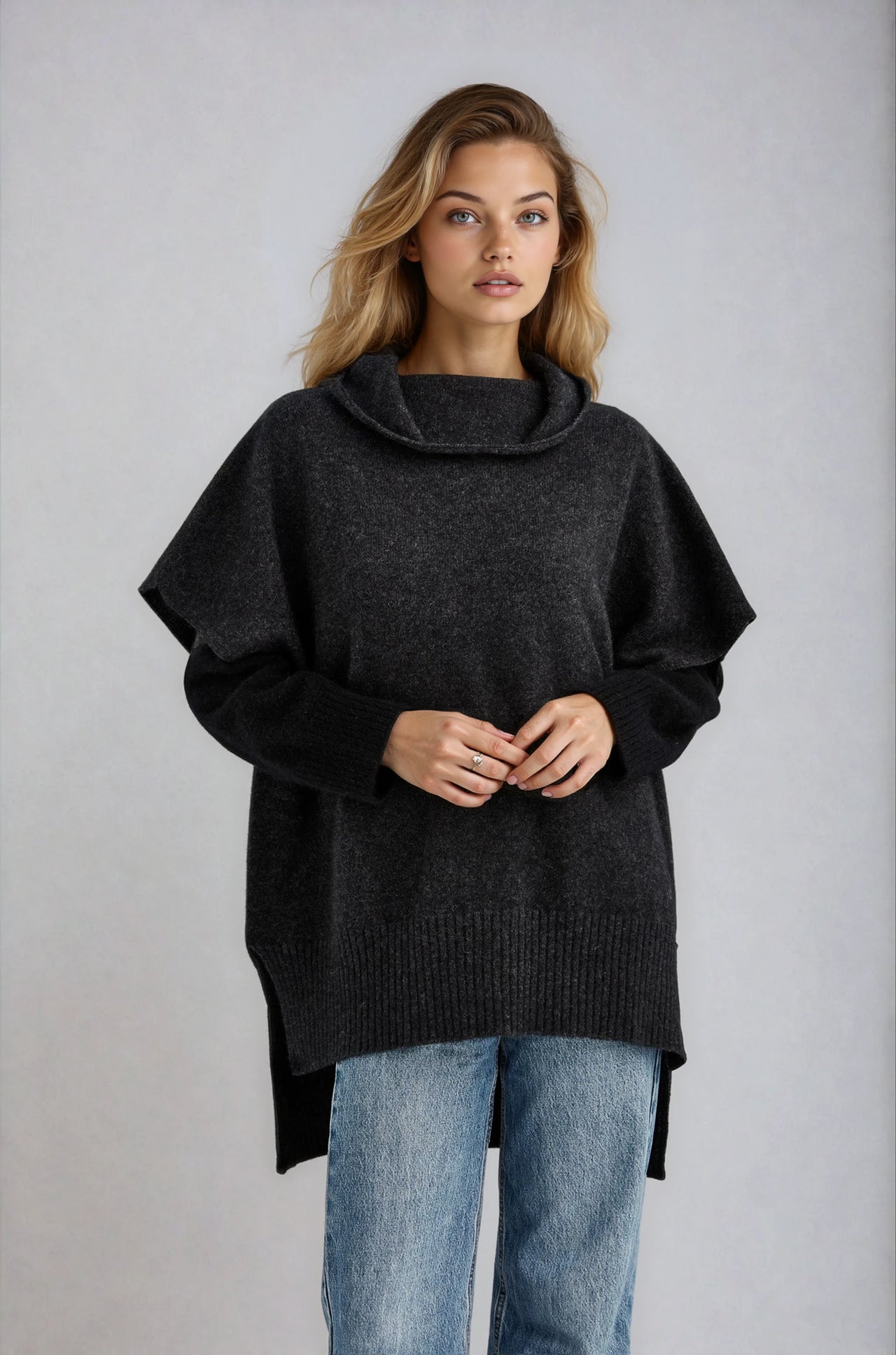 Charcoal McDonald Possum Merino Step Hem Poncho