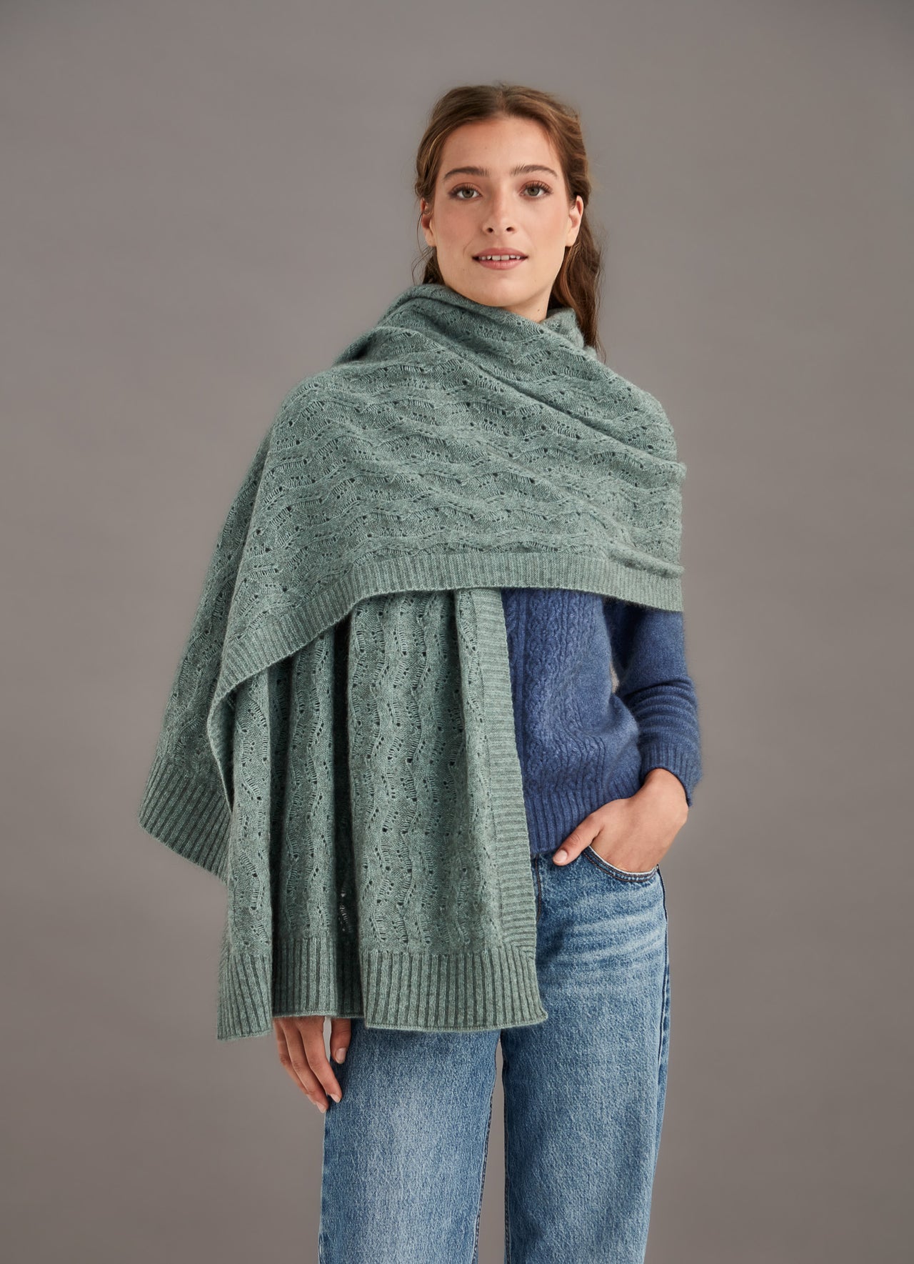 Mint Green Possum Merino Herringbone Lace Shawl