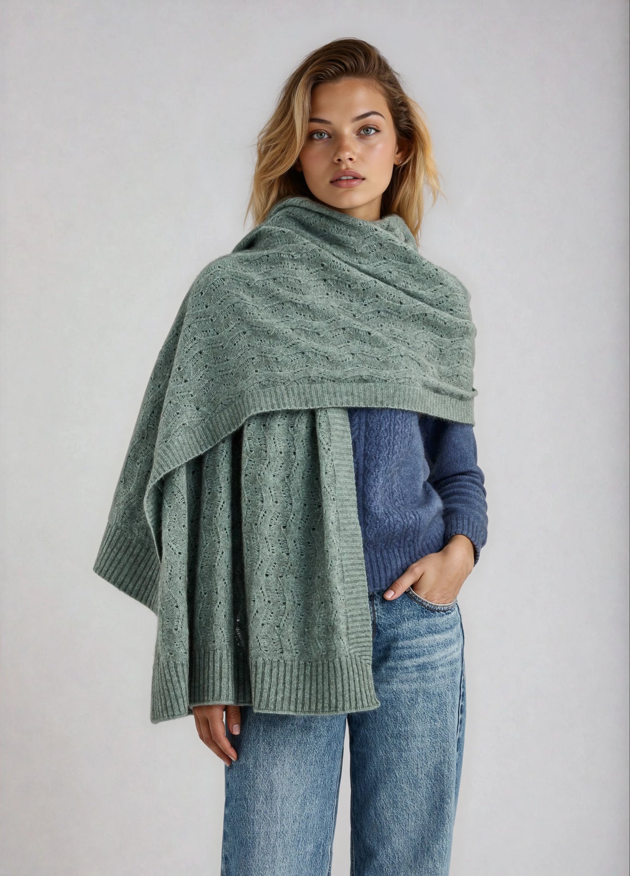 Mint Green Possum Merino Herringbone Lace Shawl