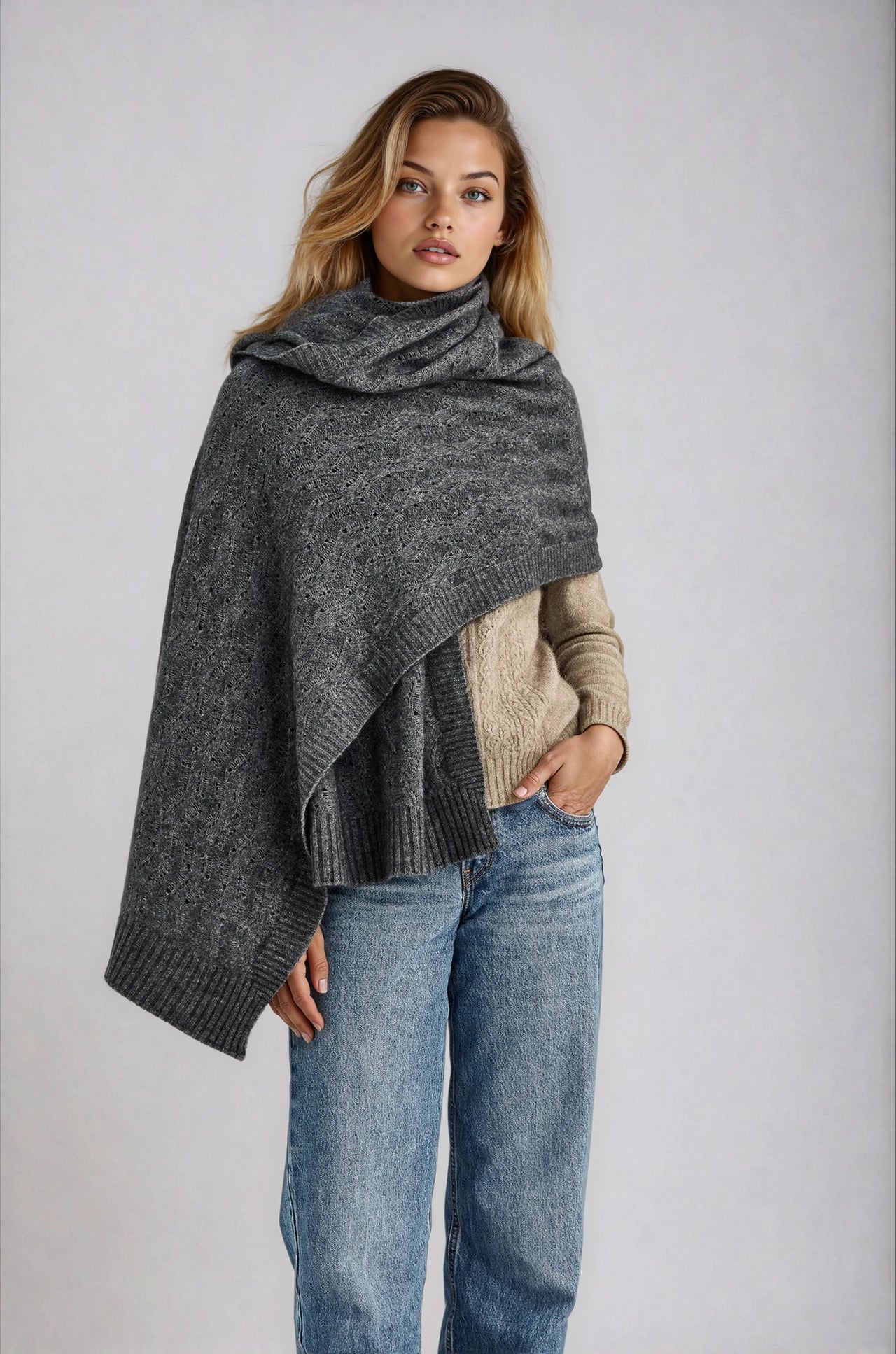 Pewter Possum Merino Herringbone Lace Shawl