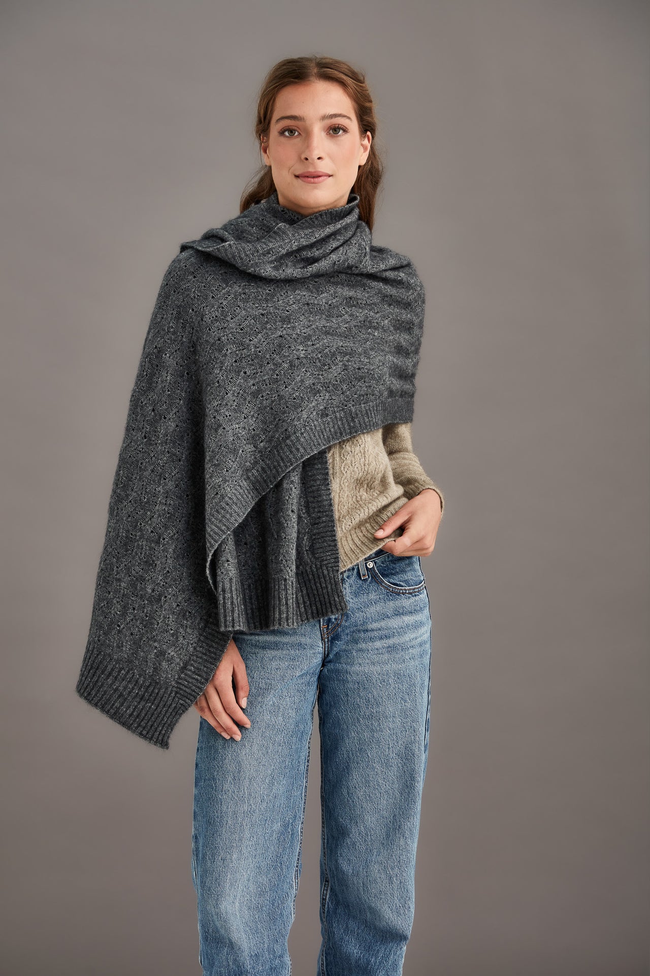 Pewter Possum Merino Herringbone Lace Shawl