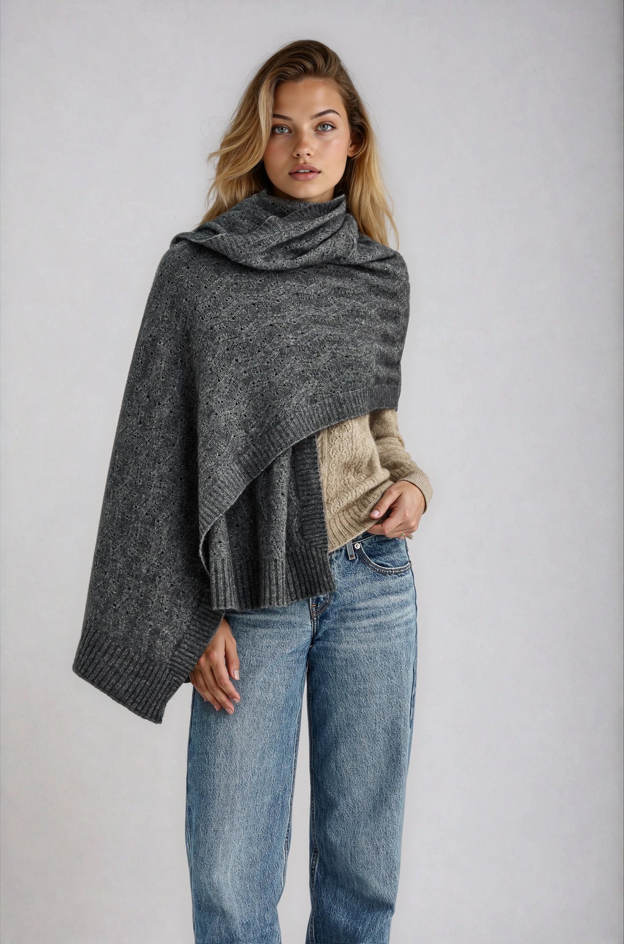 Pewter Possum Merino Herringbone Lace Shawl