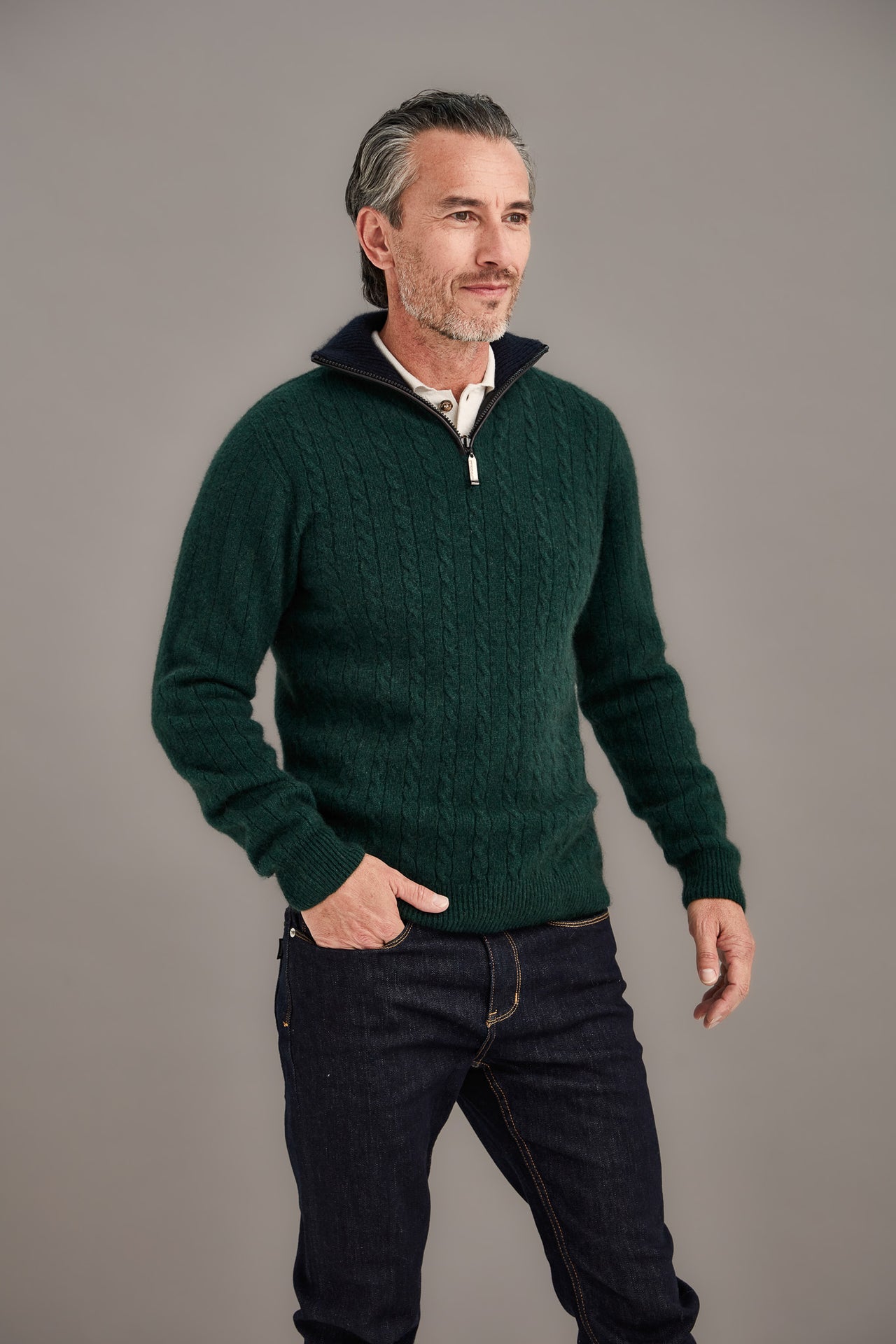 Forest Green Possum Merino Half Zip Cable Jumper