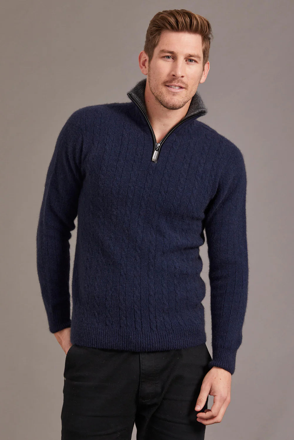 Navy Possum Merino Half Zip Cable Jumper