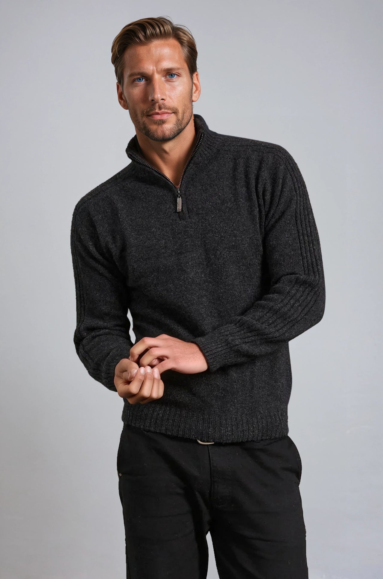 Charcoal Short Zip Possum Merino Jumper