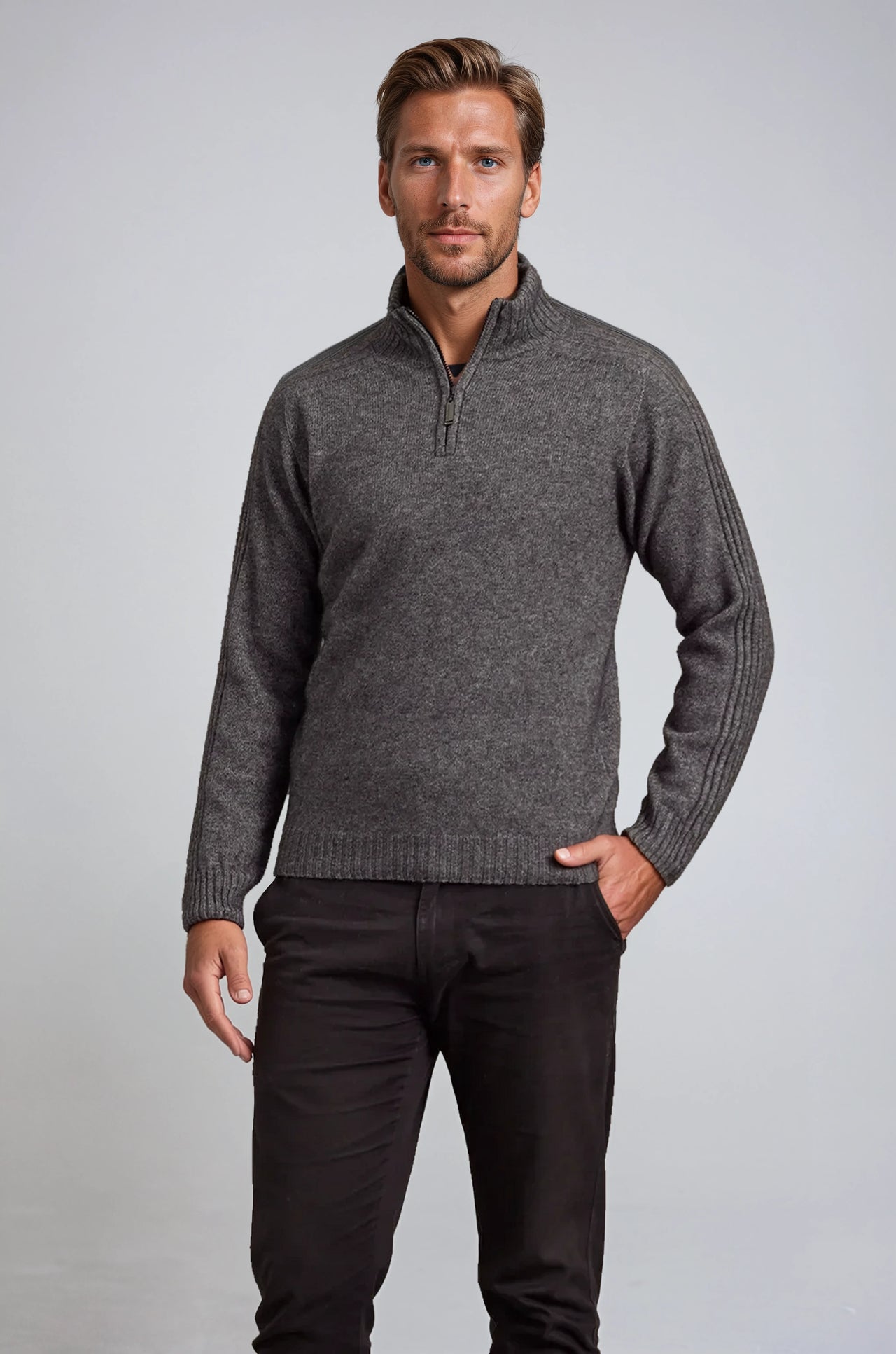 Pewter Short Zip Possum Merino Jumper