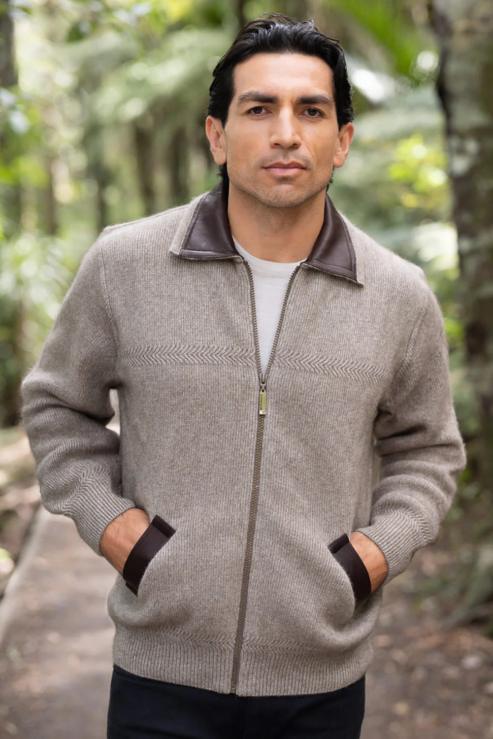 Mocha McDonald Possum Merino Zip Jacket With Leather Trim
