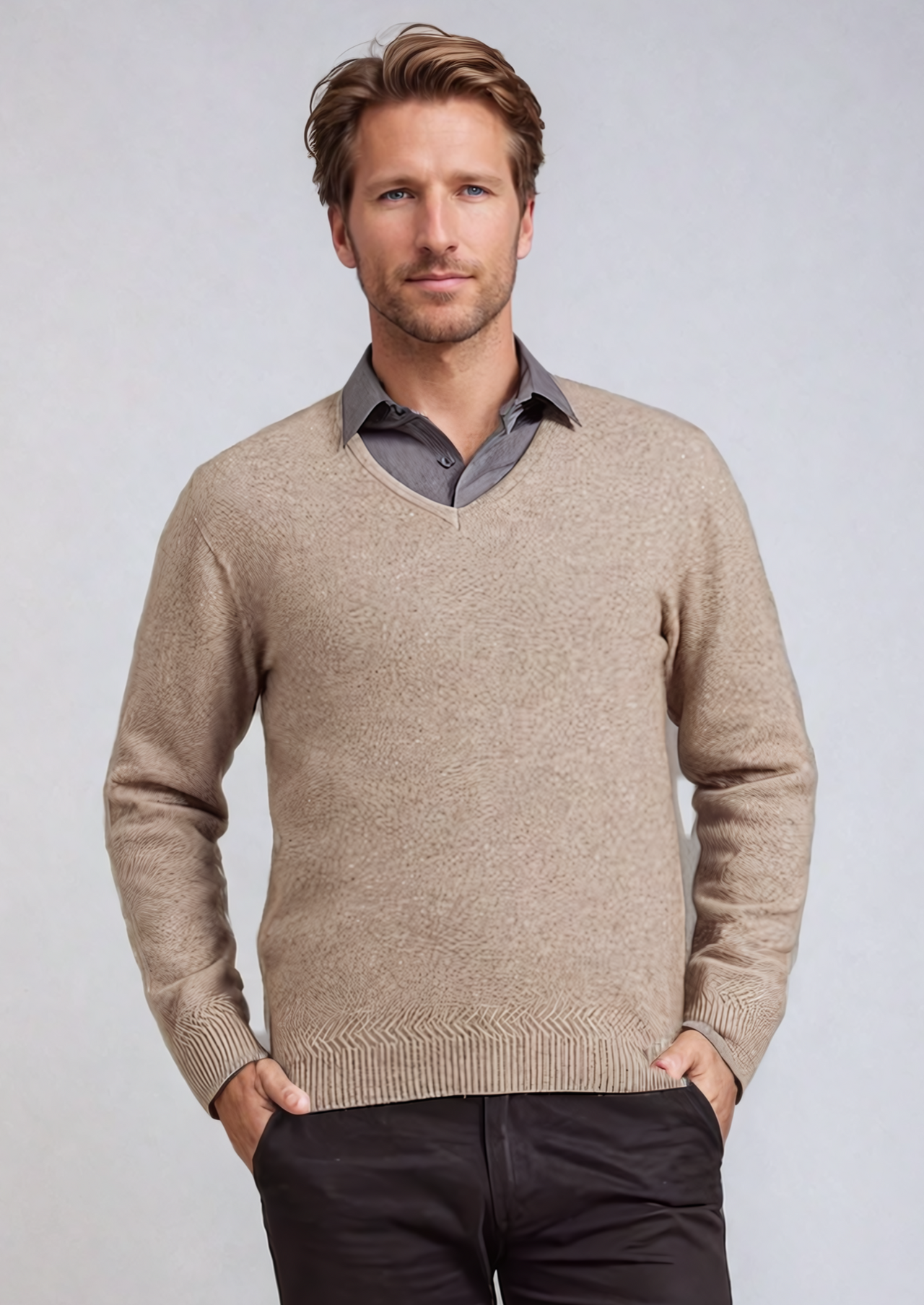 Mocha Plain Possum Merino V Neck Jumper