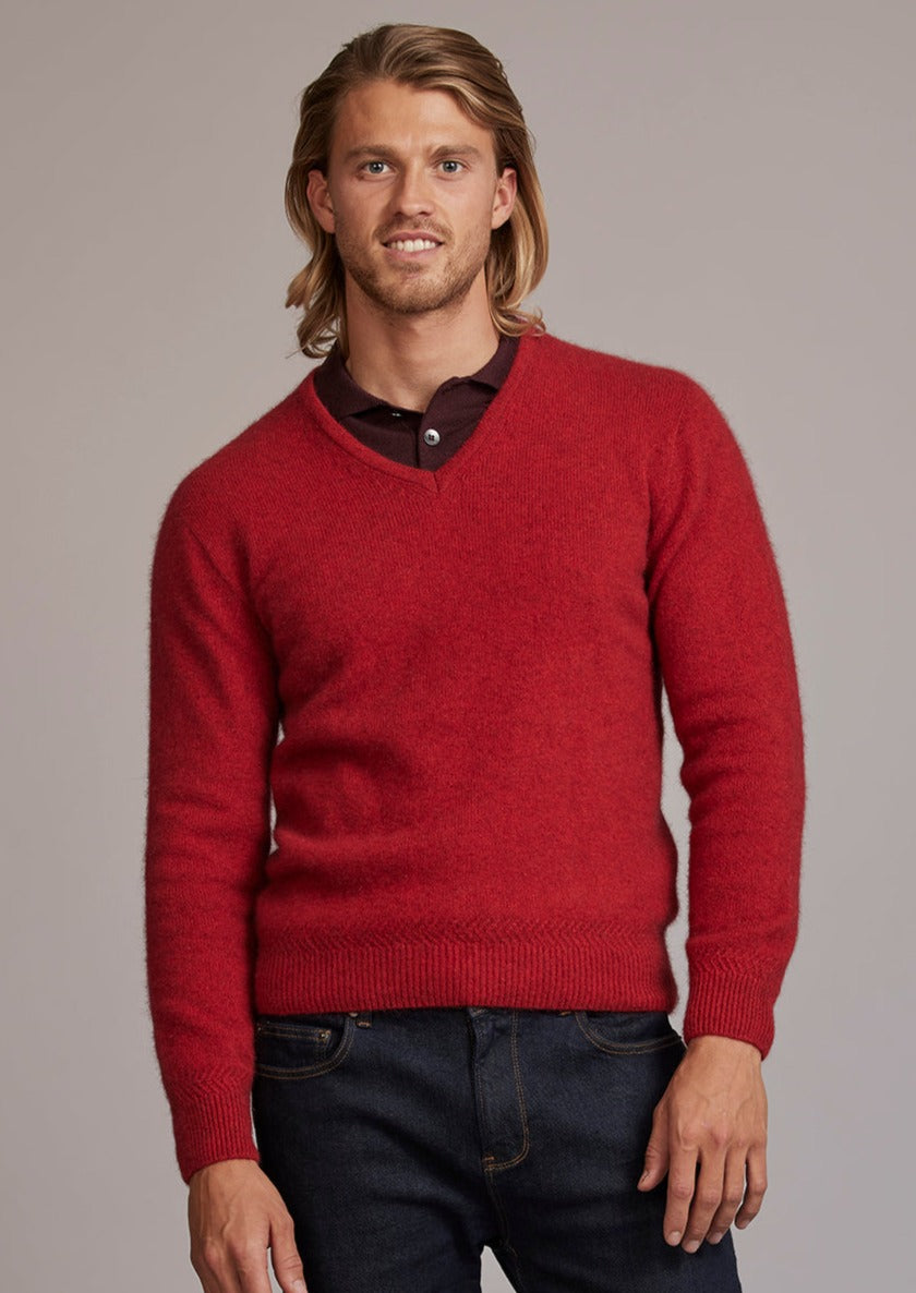 Red Plain Possum Merino V Neck Jumper