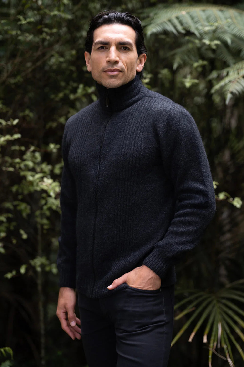 Charcoal Grey Possum Merino Rib Front Zip Jacket