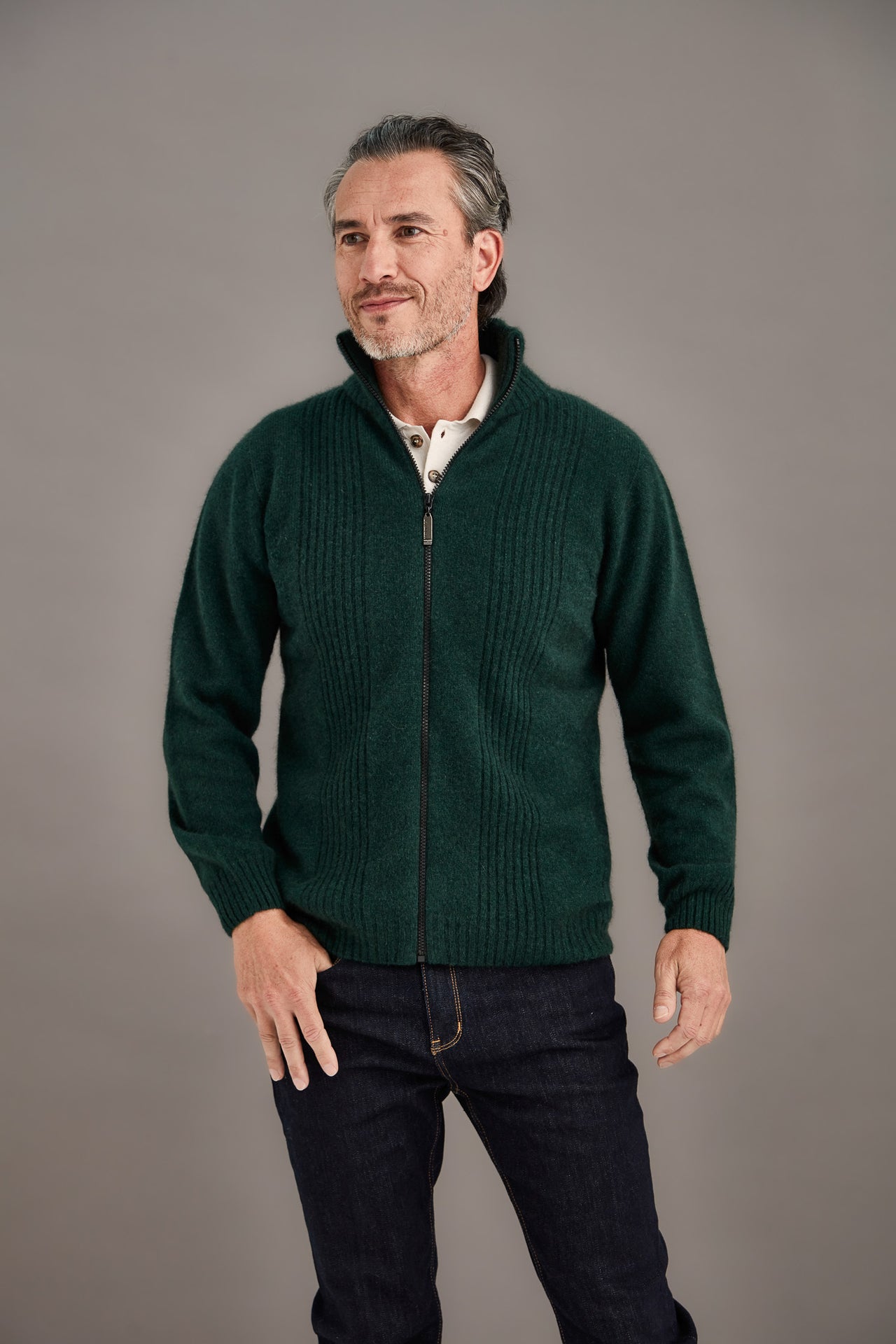 Forest Green Possum Merino Rib Front Zip Jacket