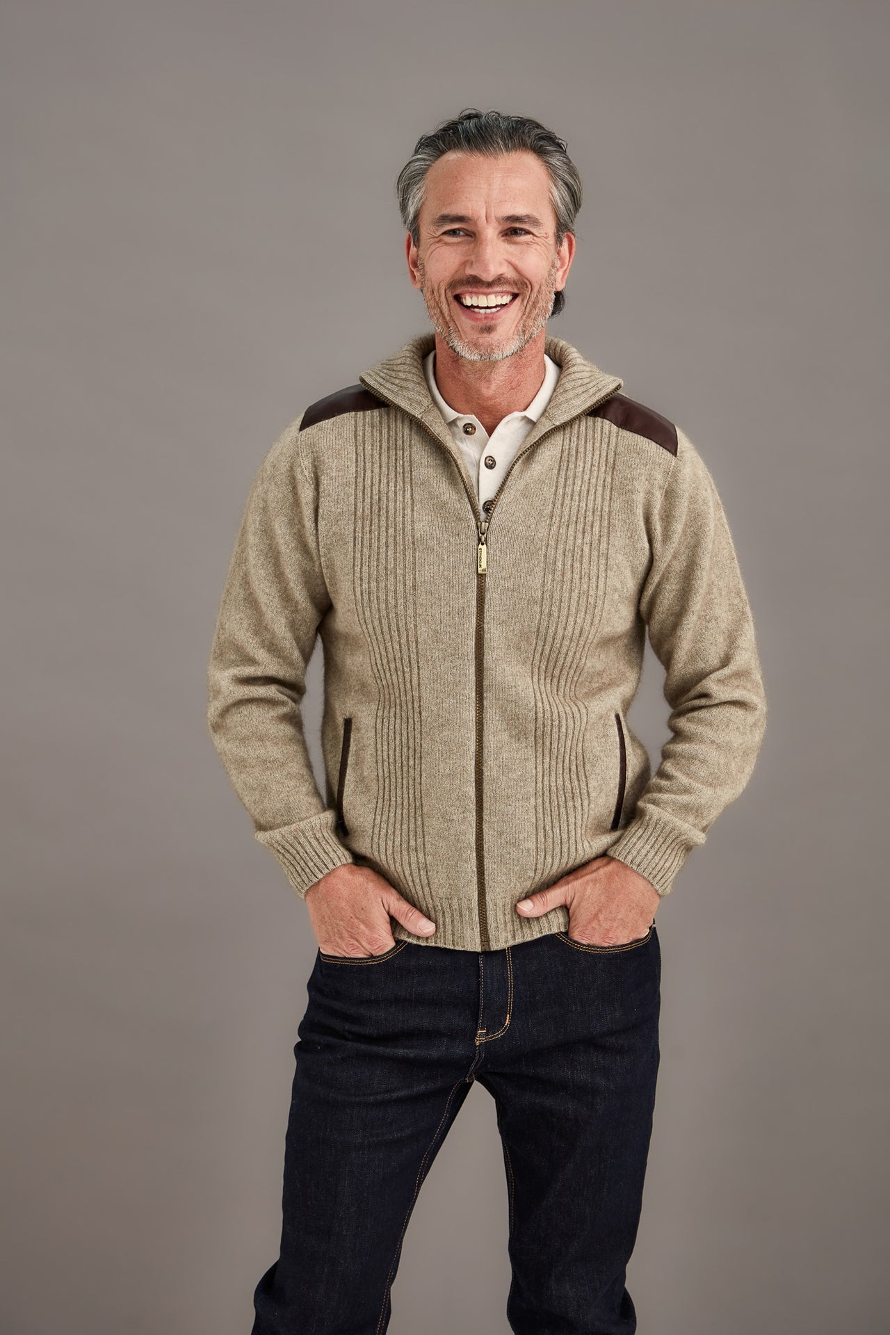 Mocha Possum Merino Front Rib Leather Trim Jacket