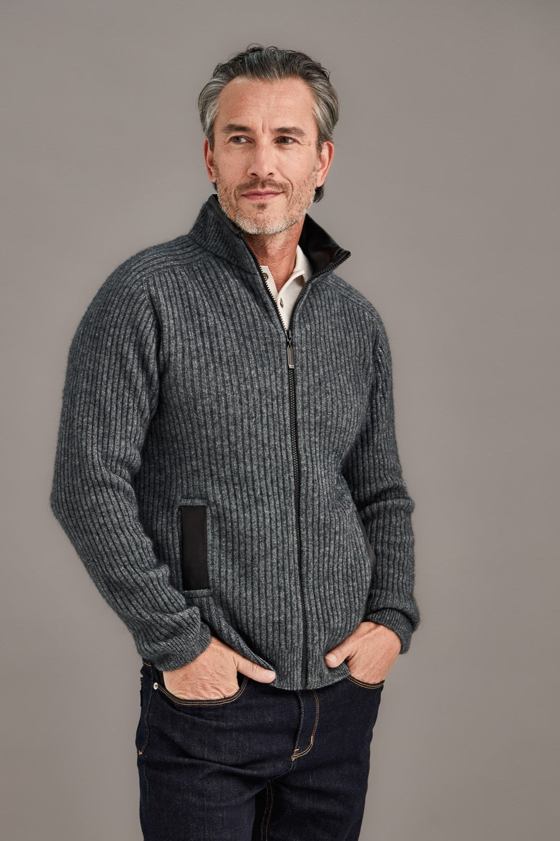 Pewter Grey Possum Merino Rib Zip Jacket With Leather Trim