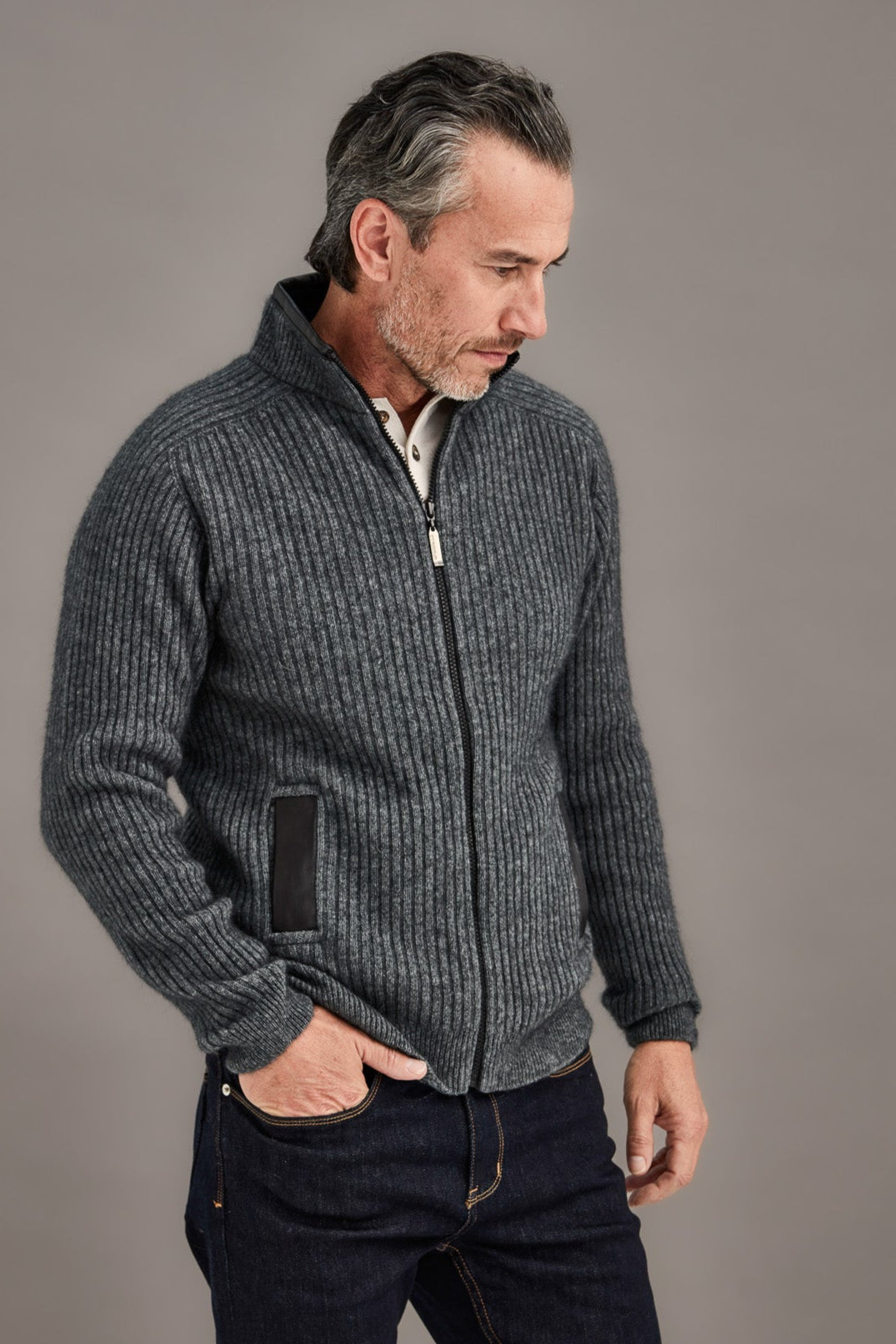 Pewter Grey Possum Merino Rib Zip Jacket With Leather Trim