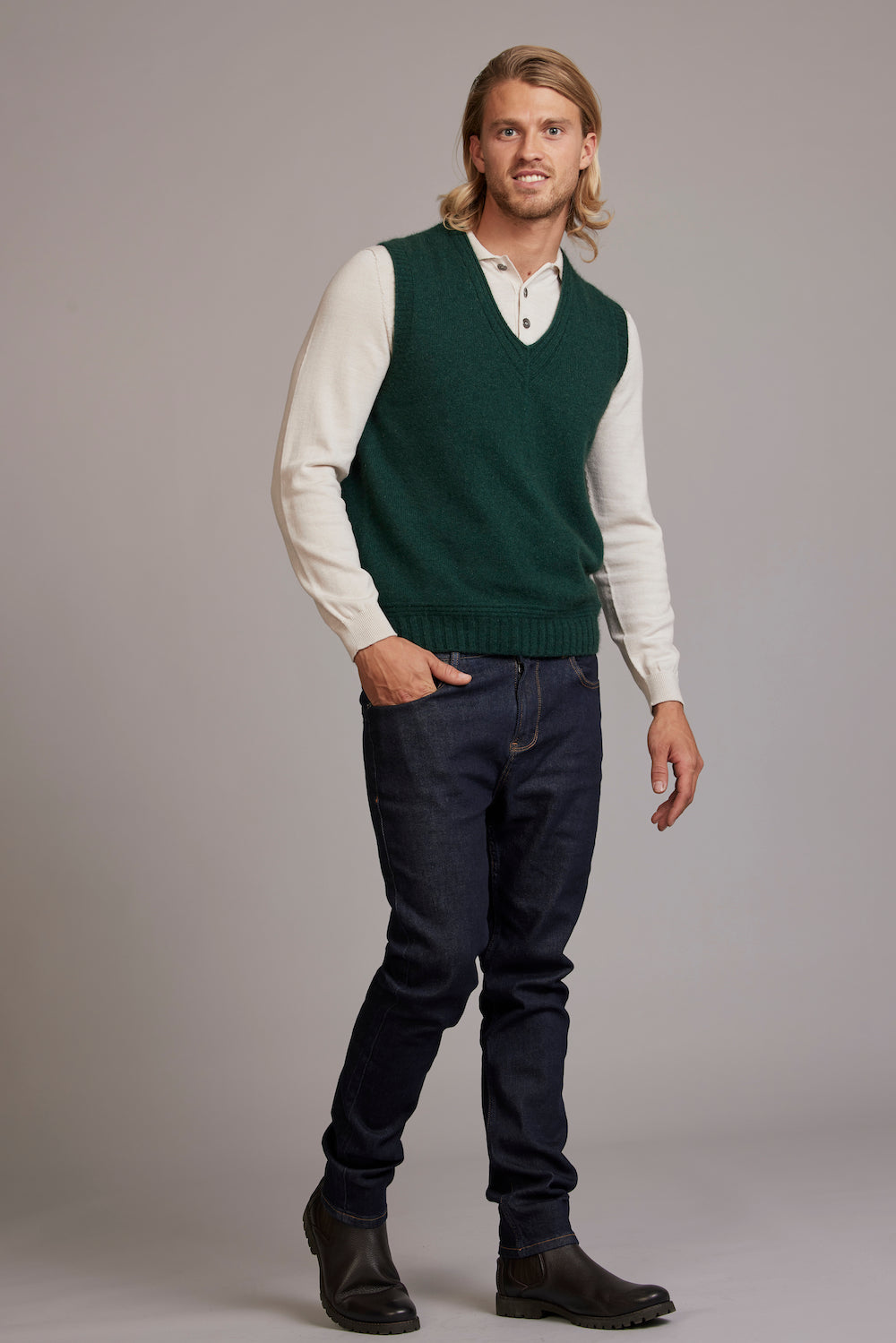 Forest Green Possum Merino V Neck Vest