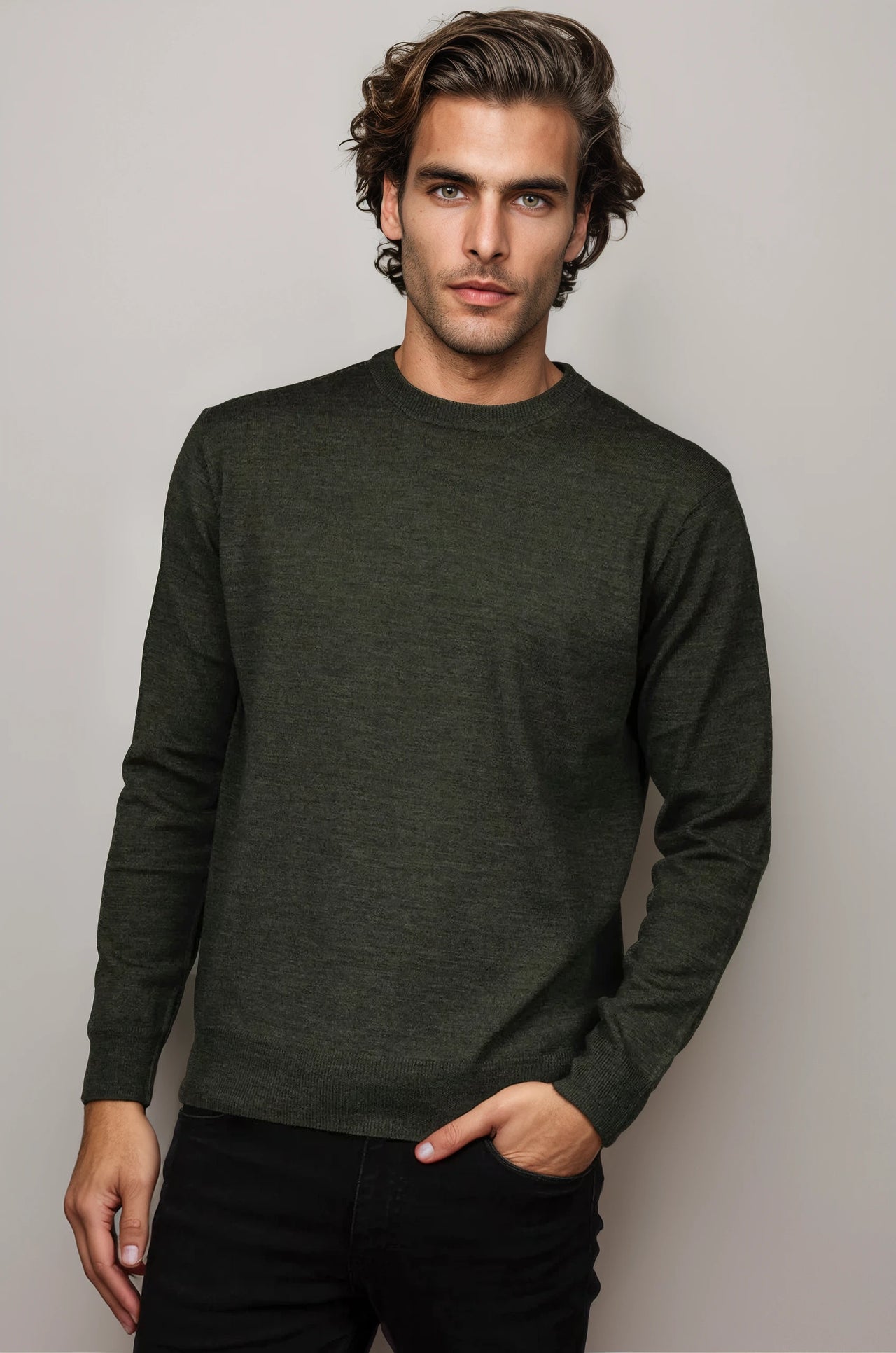 Olive Green Fine Weight Merino Wool Crew Neck