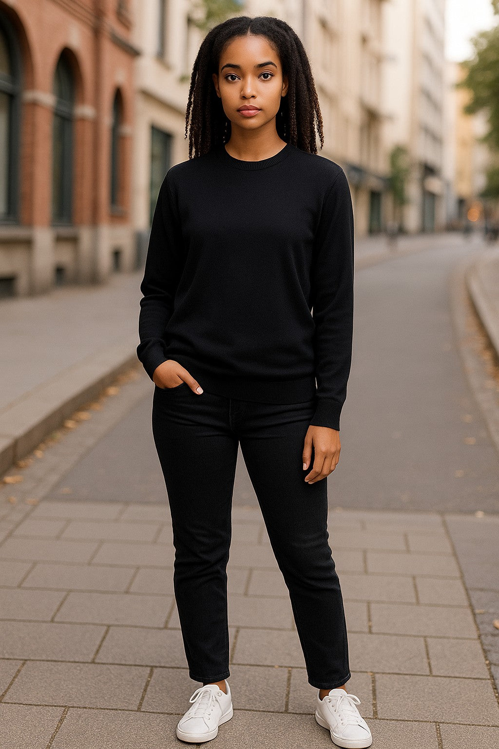 Fine Weight Merino Wool Crew Neck Jumper - Black