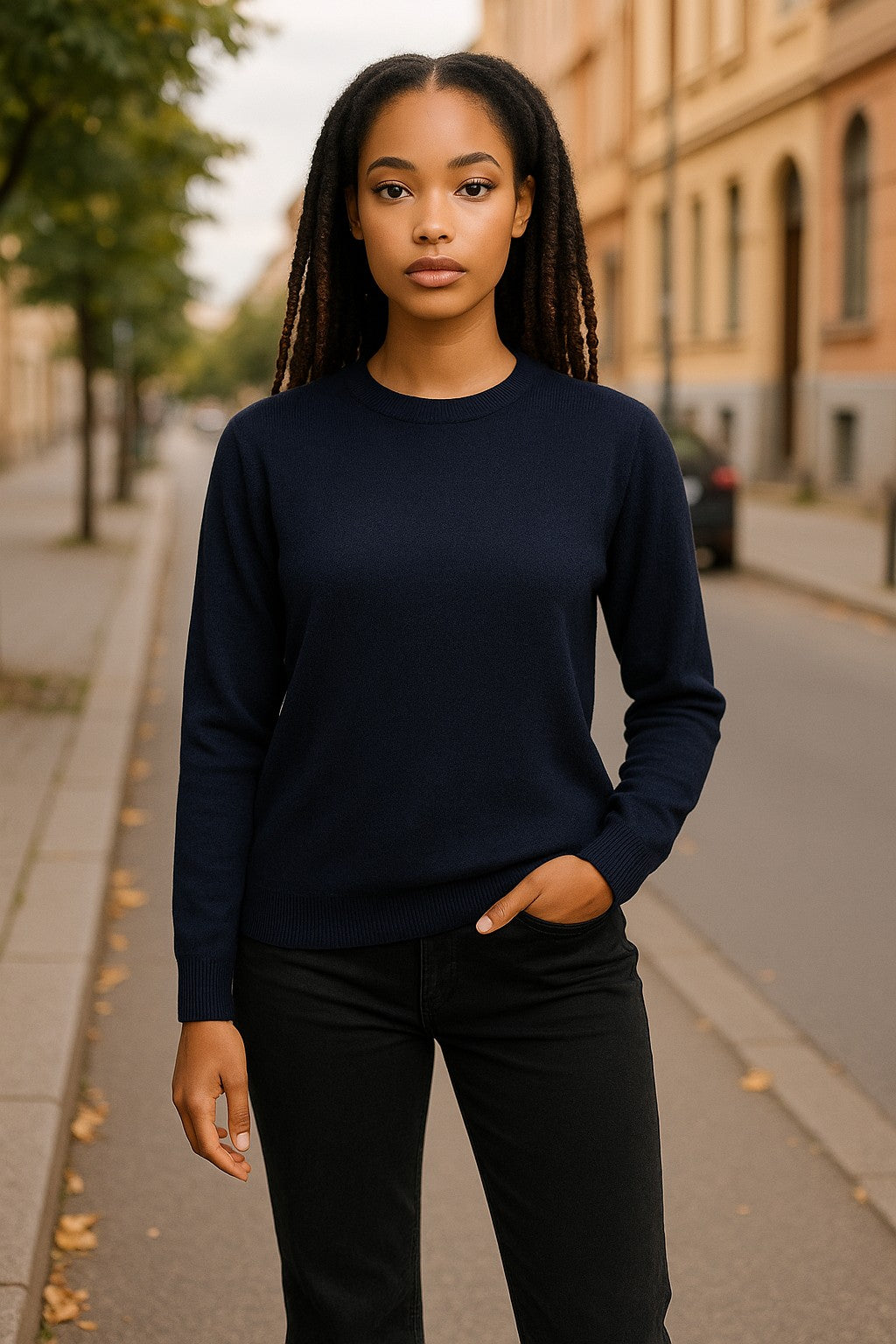 Fine Weight Merino Wool Crew Neck Jumper - Navy Blue