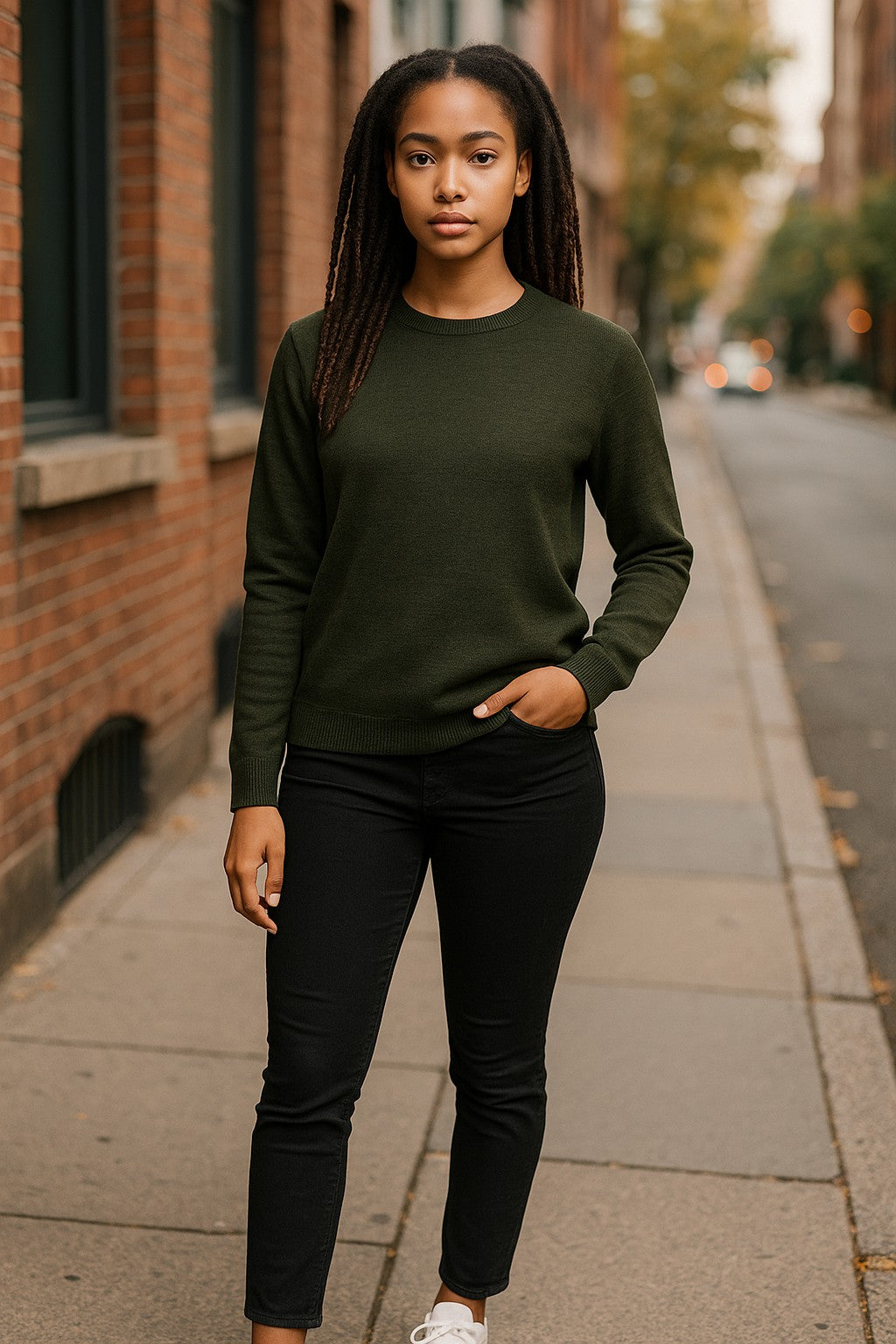 Fine Weight Merino Wool Crew Neck Jumper - Olive Green